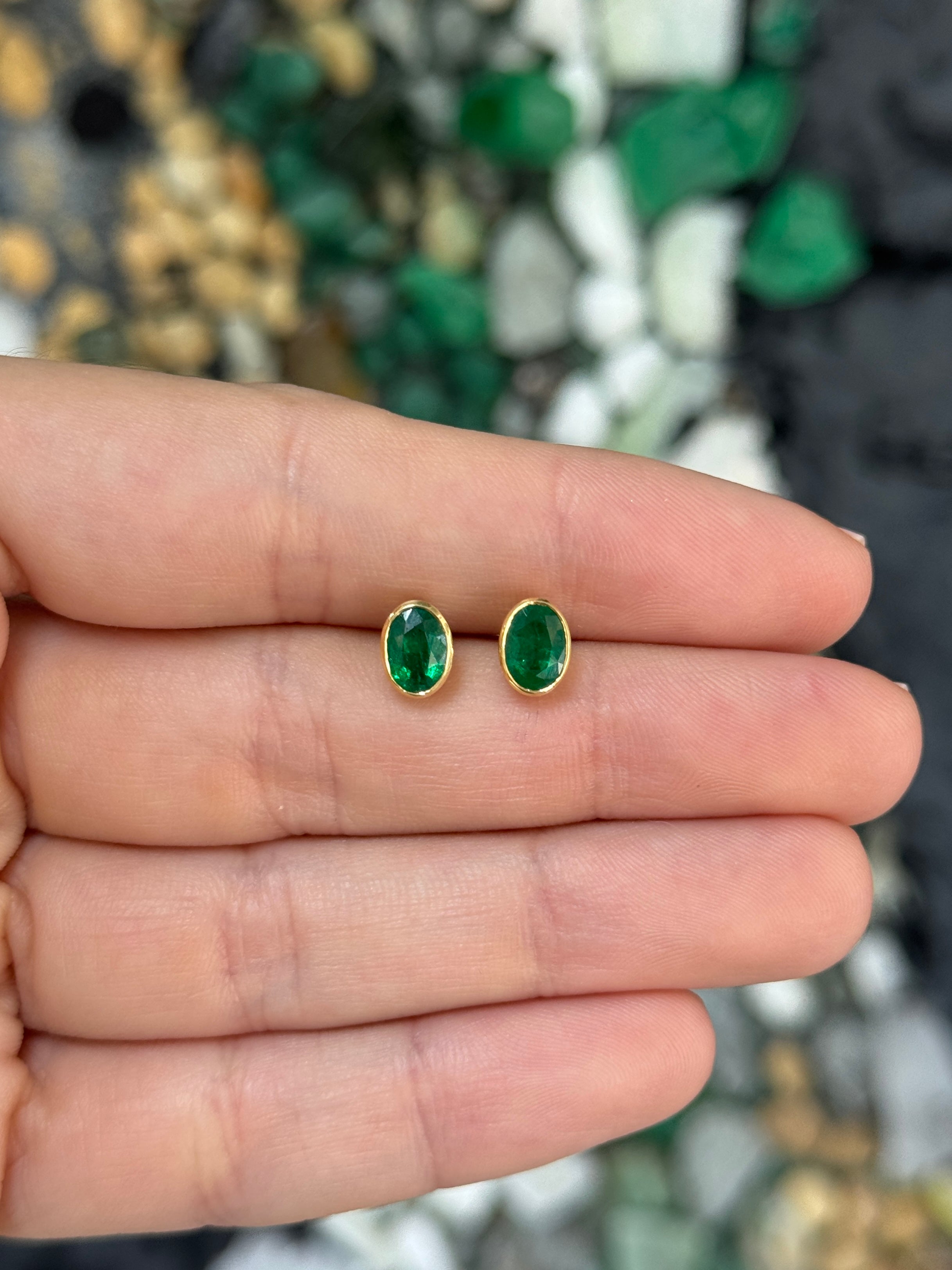 1.45tcw Vivid Green Oval Bezel Set Emerald Studs 18K