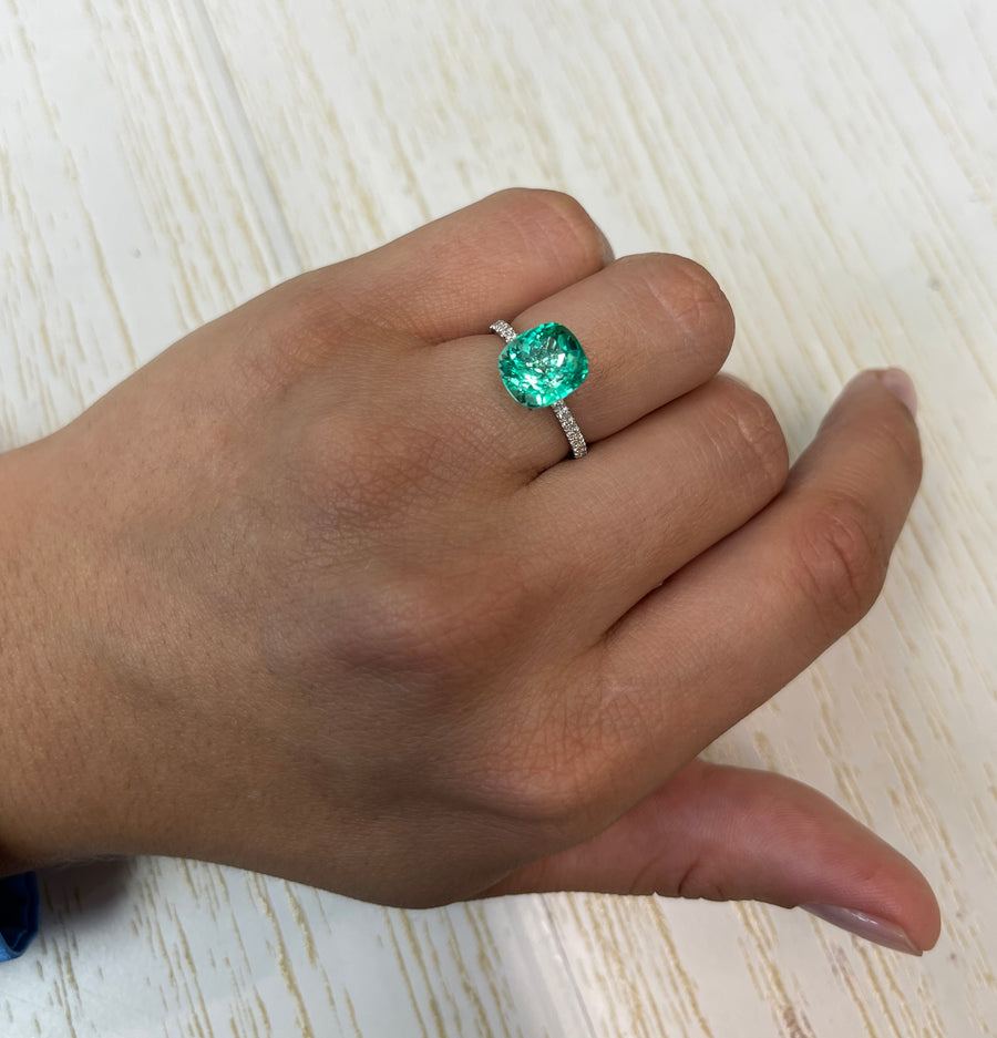 4.22 Carat 10x9 VVS Lustrous Green Natural Loose Colombian Emerald-Cushion Cut