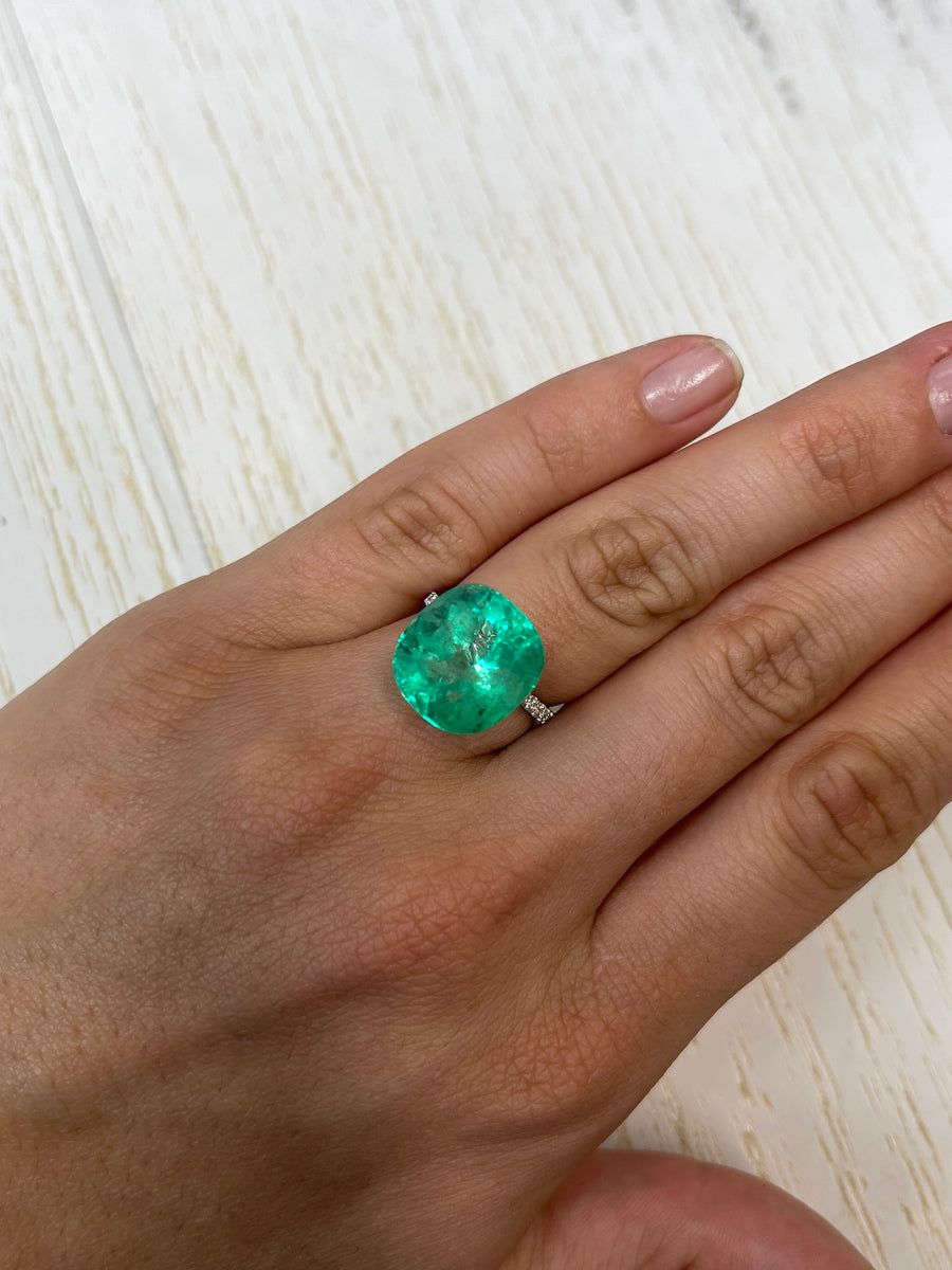 15x15 Colombian Emerald - 13.63 Carat - Cushion Shape - Lush Green Hue