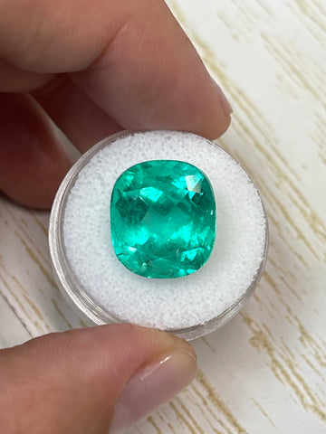 Stunning 14.36 Carat Cushion-Cut Colombian Emerald - 15x14mm Bluish Green Gem