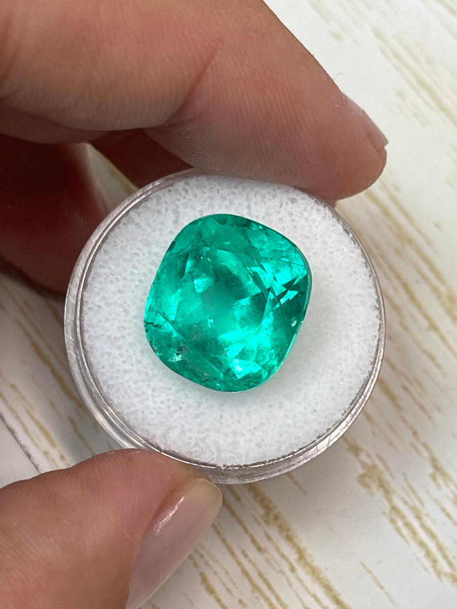 Natural Loose Colombian Emerald - 14.36 Carat Cushion-Shaped Gemstone in 15x14mm Size