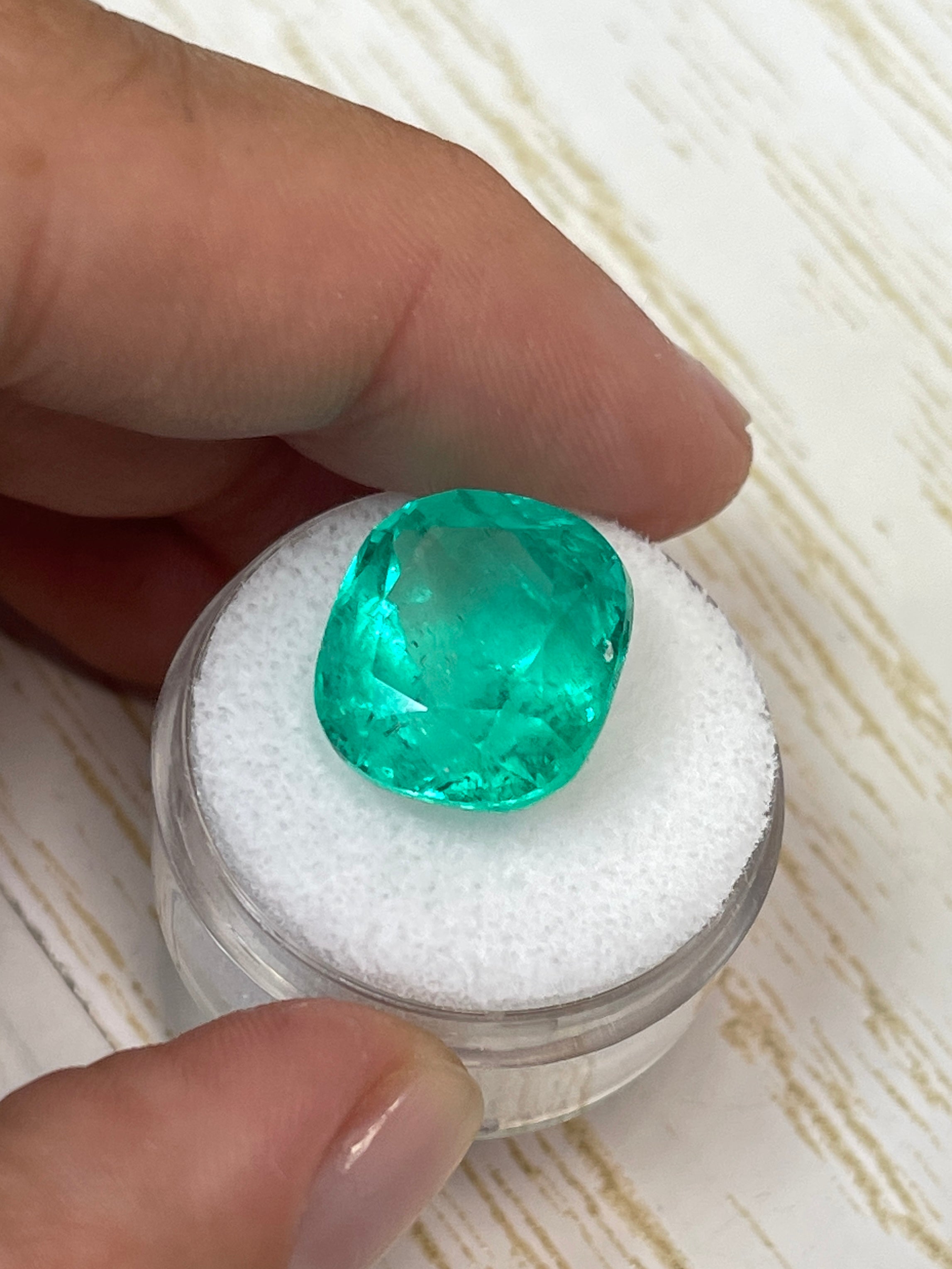 15x14mm Bluish Green Colombian Emerald - 14.36 Carat Cushion-Cut Gemstone