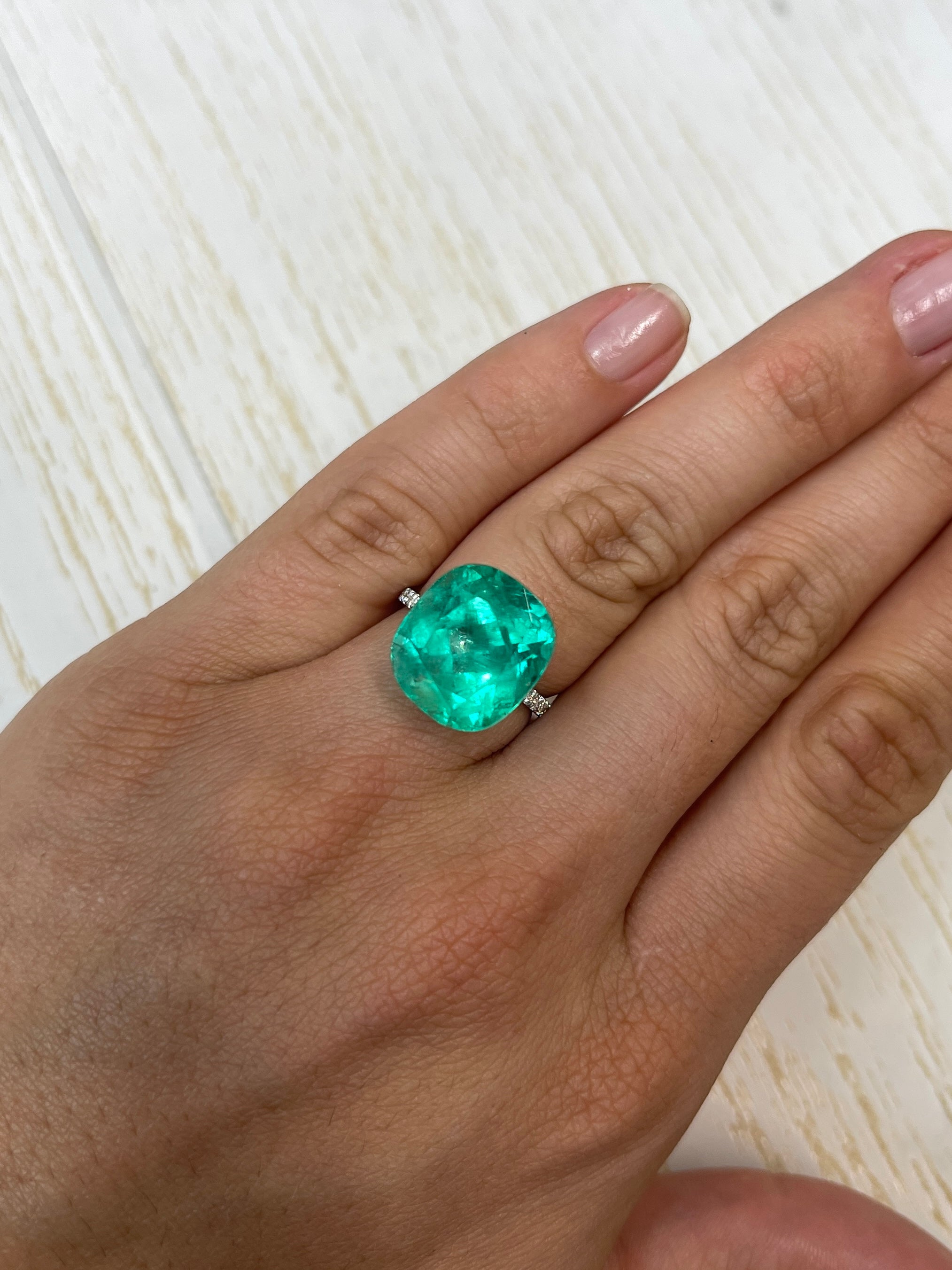 Prime 14.36 Carat Cushion-Cut Natural Colombian Emerald - 15x14mm in Bluish Green