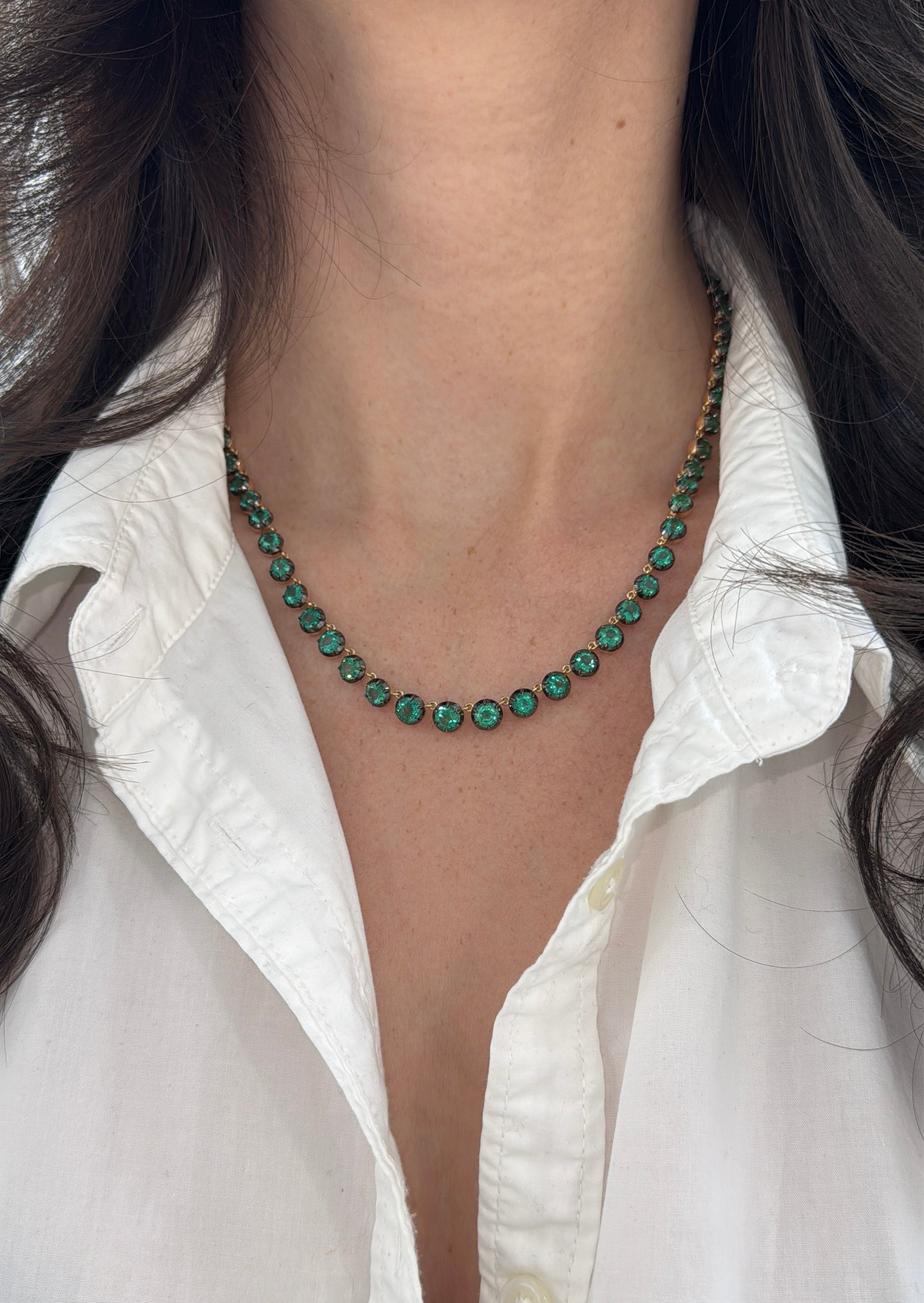 20.05tcw Georgian Natural Emerald Tennis Necklace 18" 14K Gold