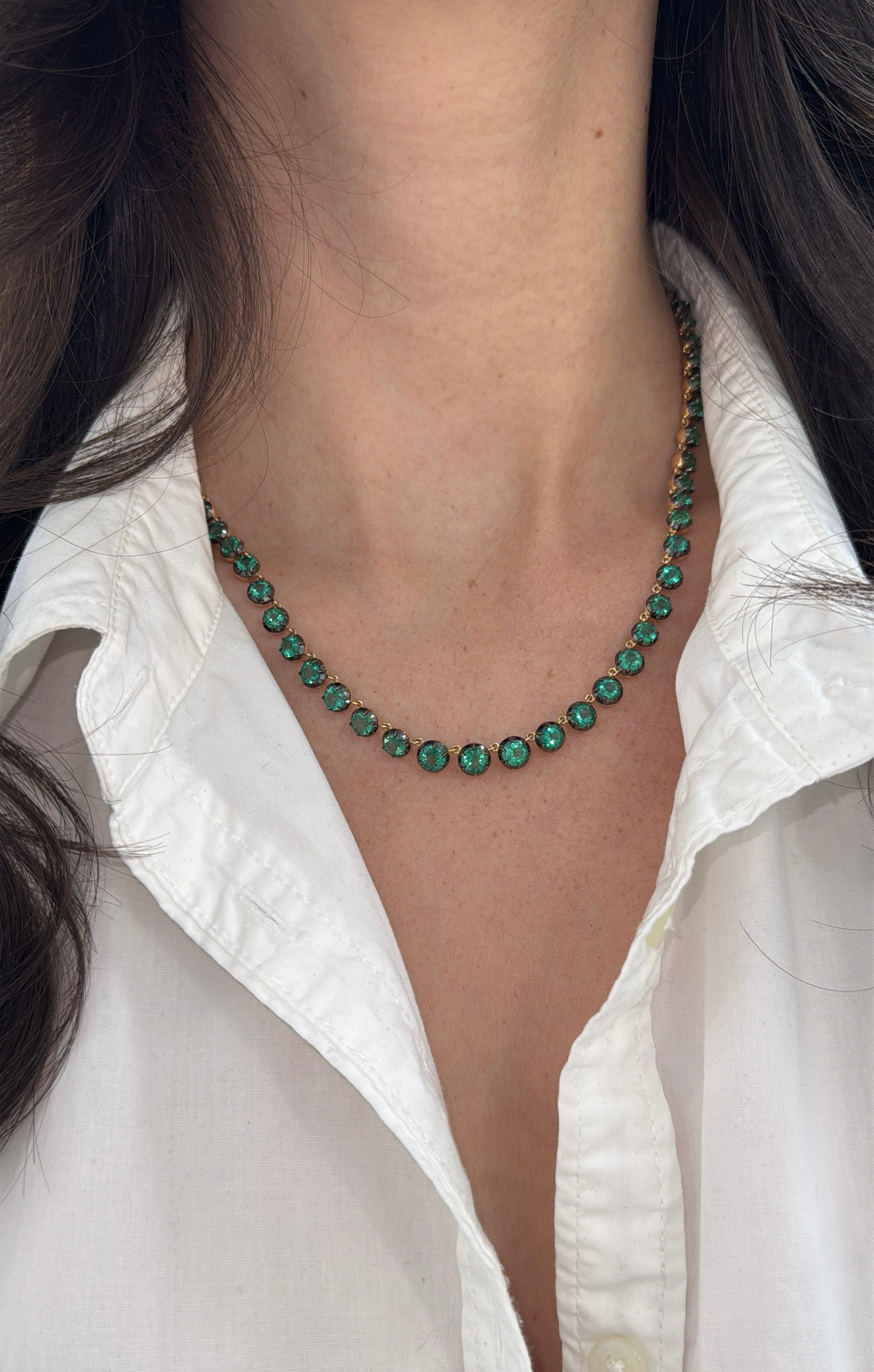 20.05tcw Georgian Natural Emerald Tennis Necklace 18" 14K Gold