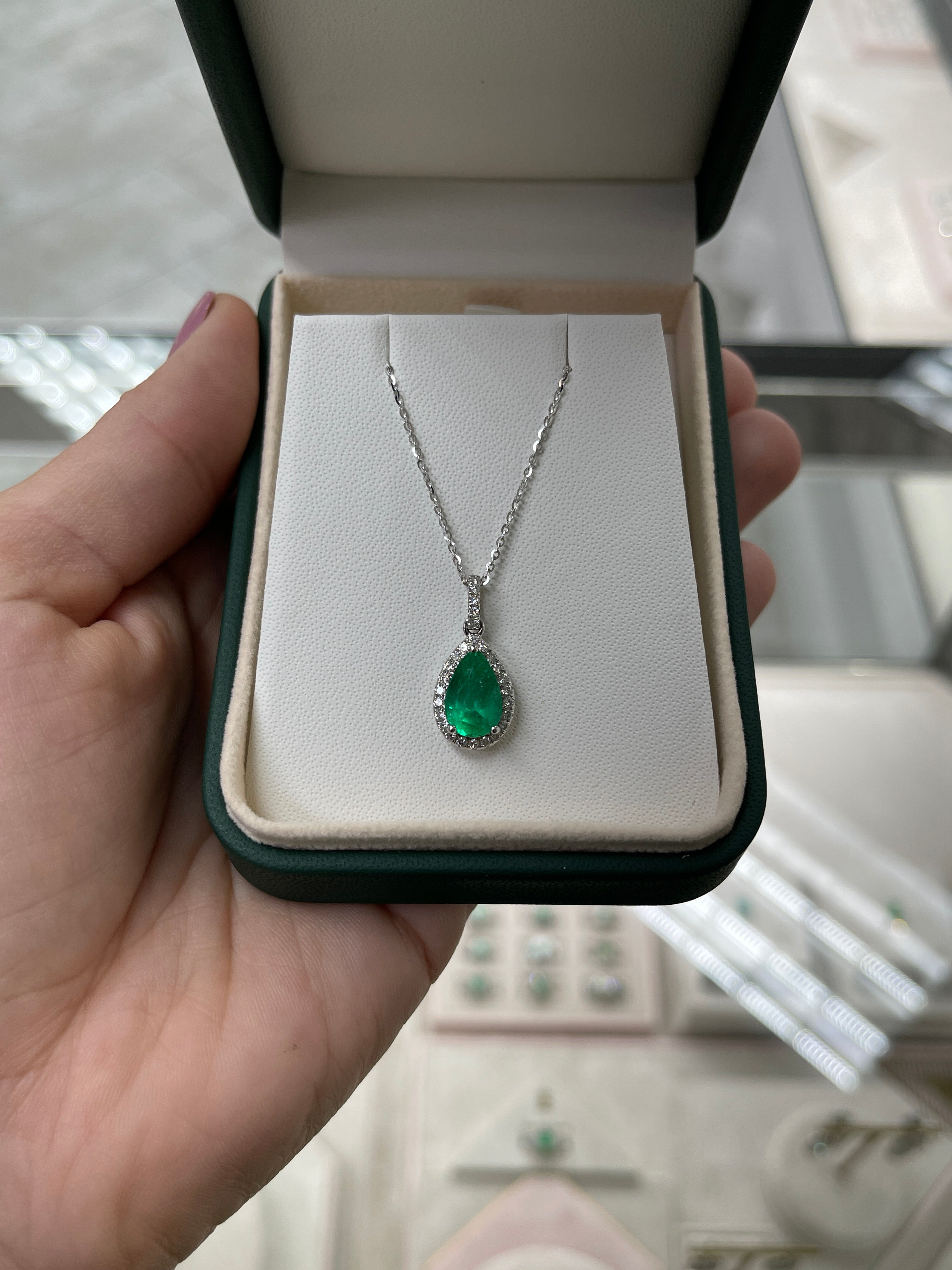 2.54tcw Vivid Green Emerald Pear & Round Diamond White Gold Halo Pendant 18K - JR Colombian Emeralds