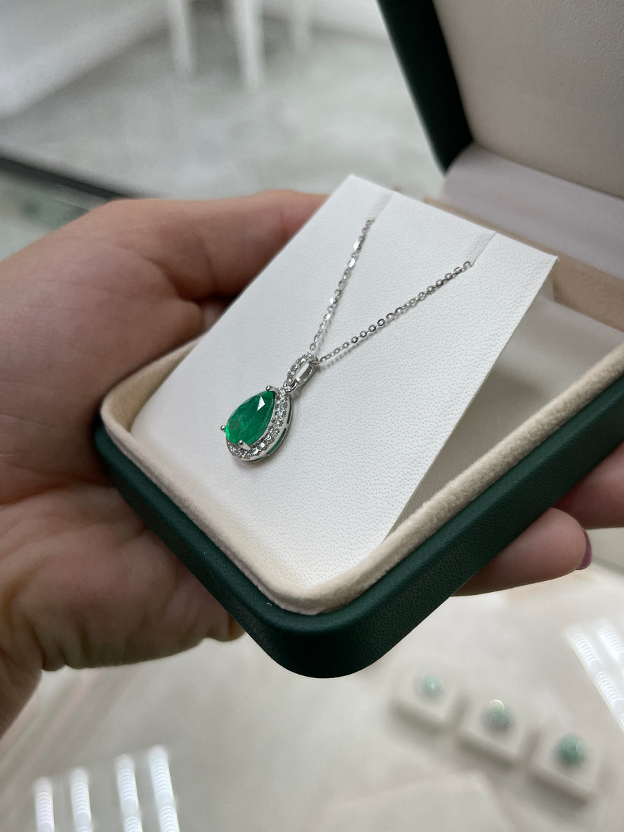 2.54tcw Vivid Green Emerald Pear & Round Diamond White Gold Halo Pendant 18K