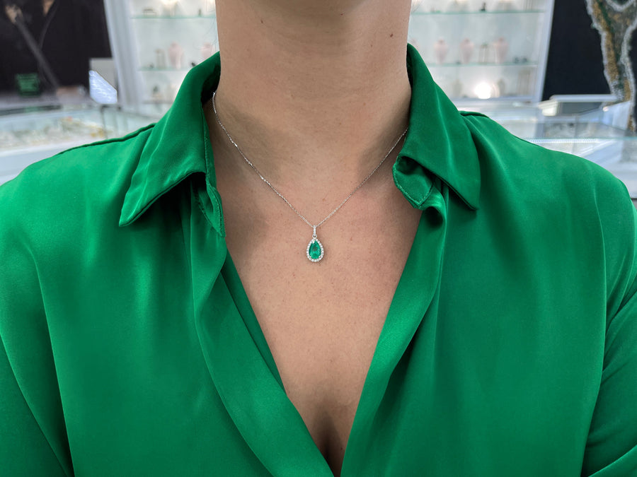 2.54tcw Vivid Green Emerald Pear & Round Diamond White Gold Halo Pendant 18K