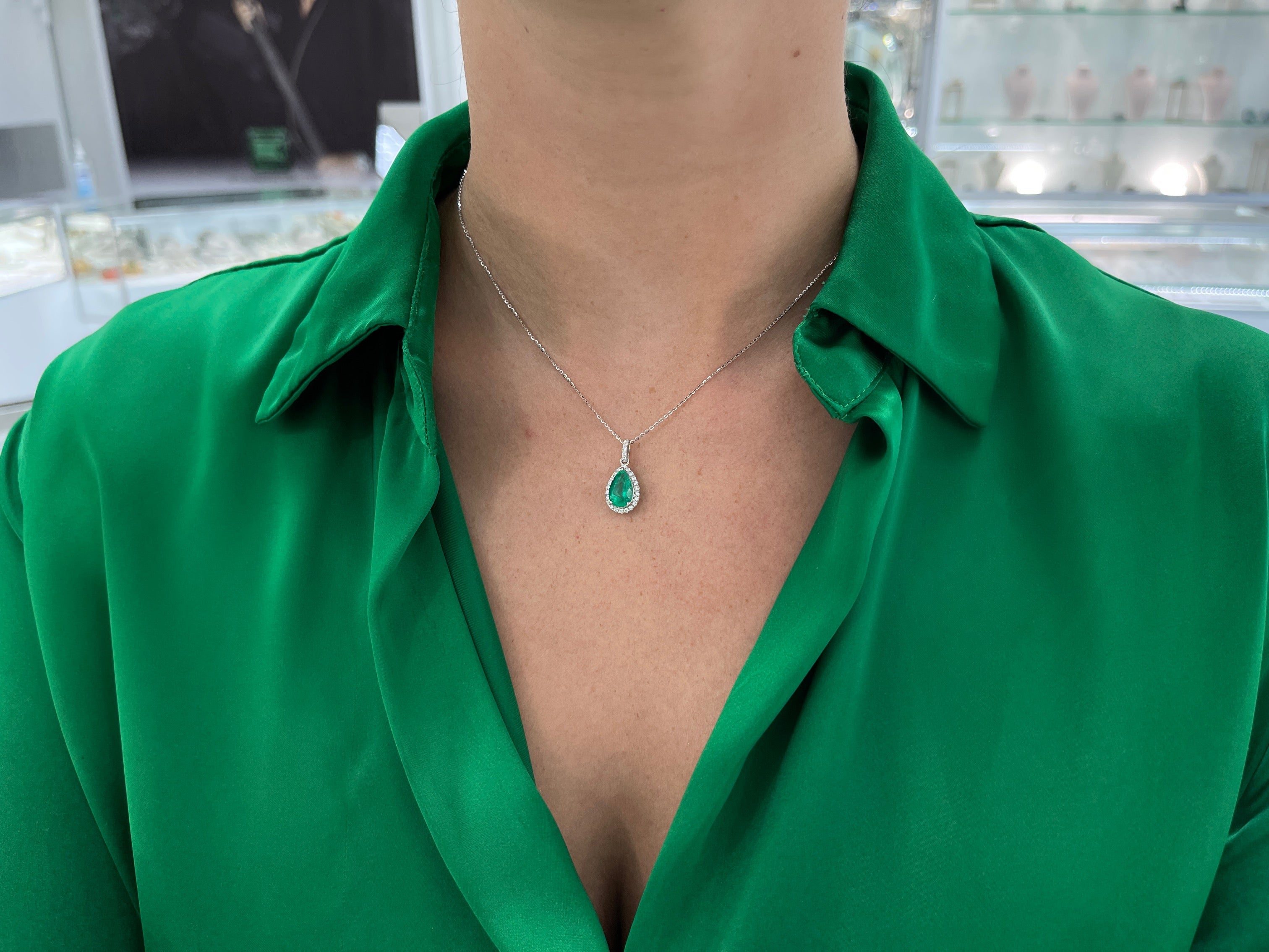 2.54tcw Vivid Green Emerald Pear & Round Diamond White Gold Halo Pendant 18K - JR Colombian Emeralds