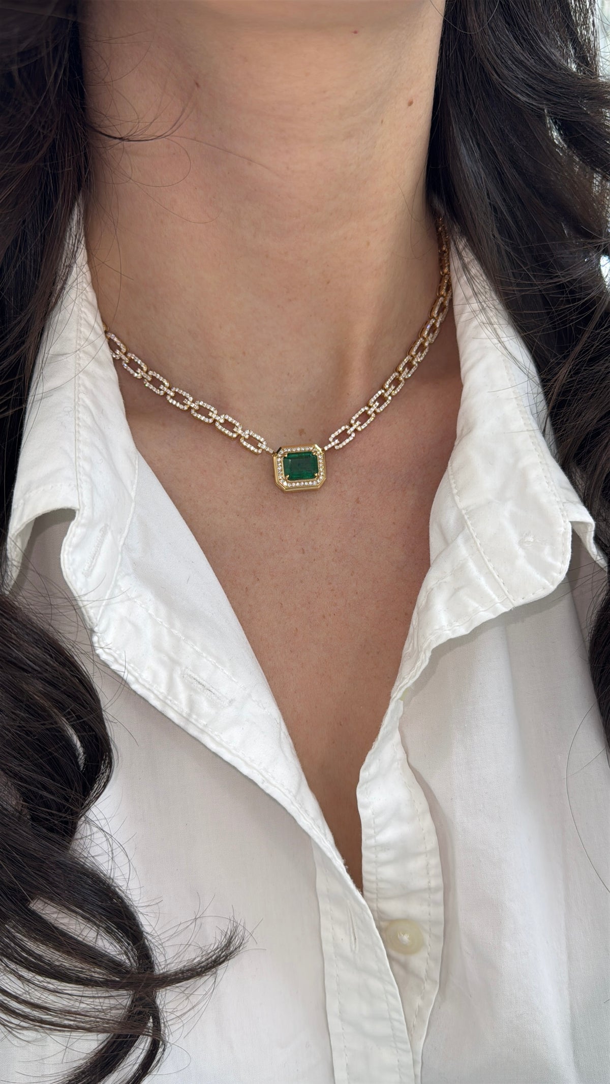 7.61tcw 18K Emerald & Diamond Halo Paperclip Link Necklace in Yellow Gold