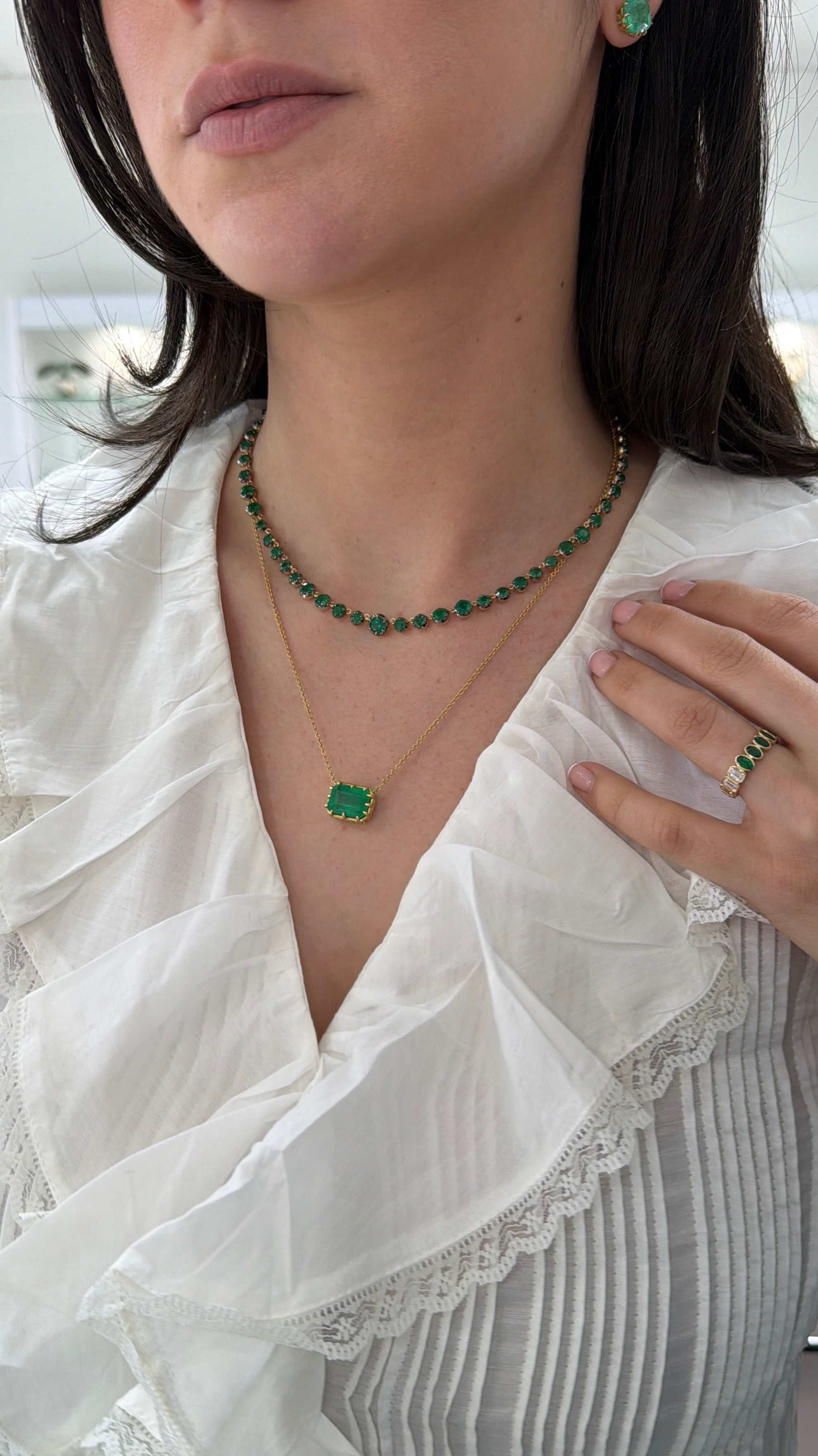 15.38tcw Round Emerald Button Back Tennis Necklace 14K