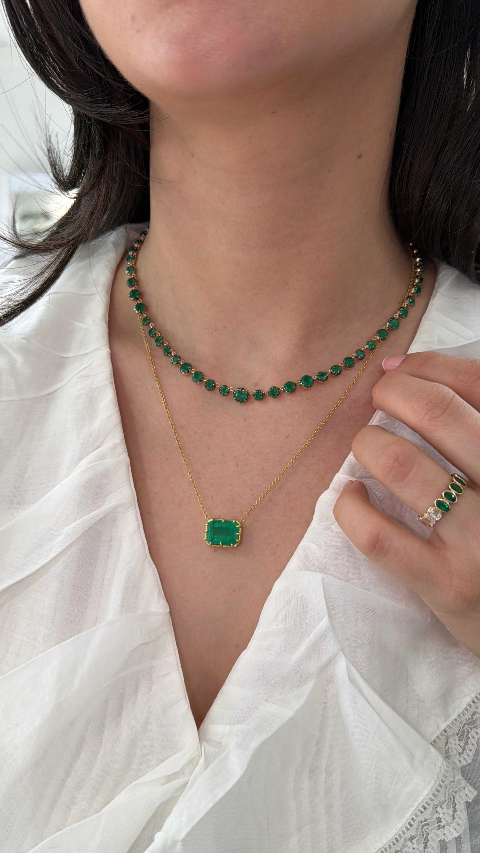 15.38tcw Round Emerald Button Back Tennis Necklace 14K