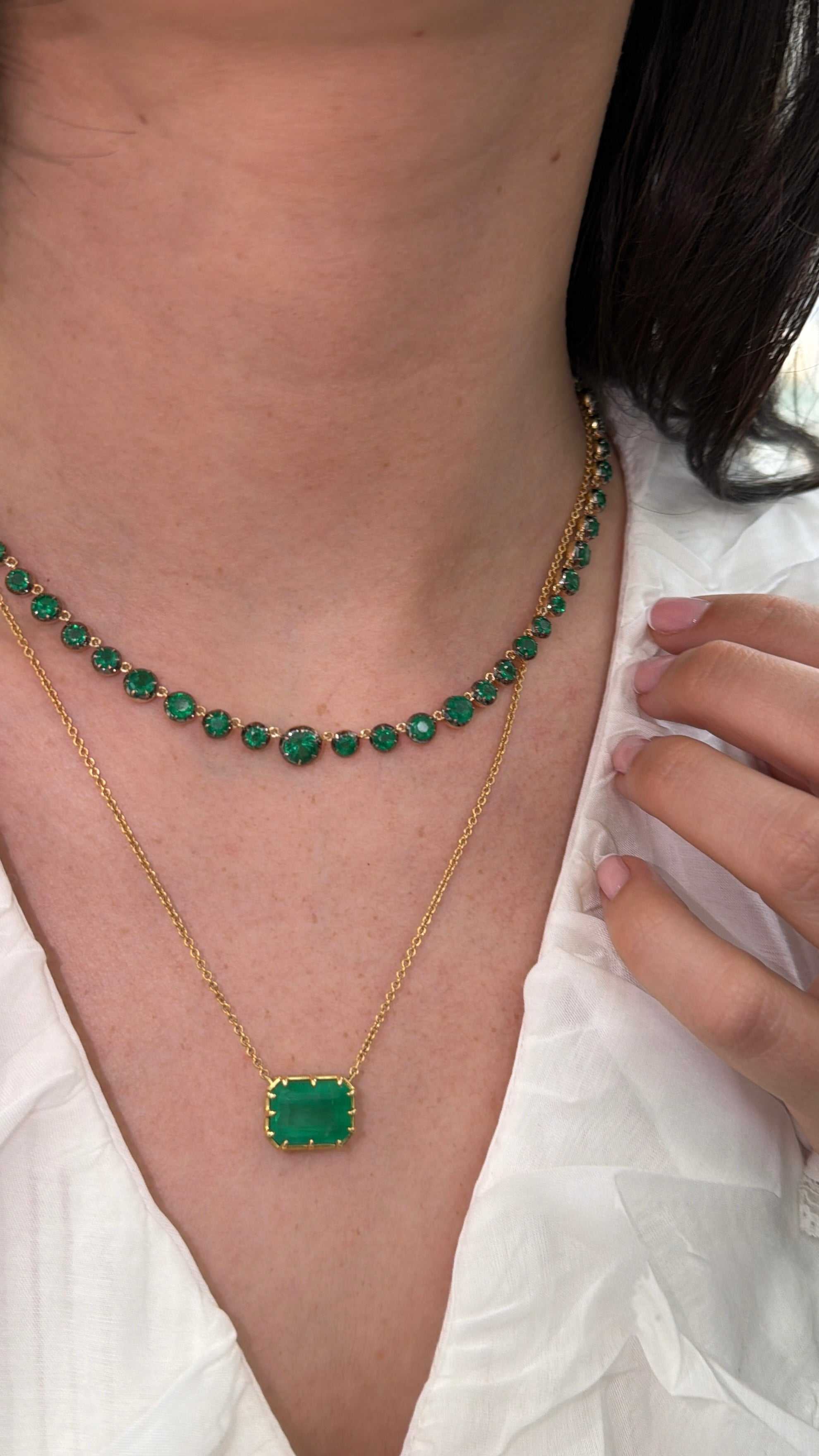 15.38tcw Round Emerald Button Back Tennis Necklace 14K