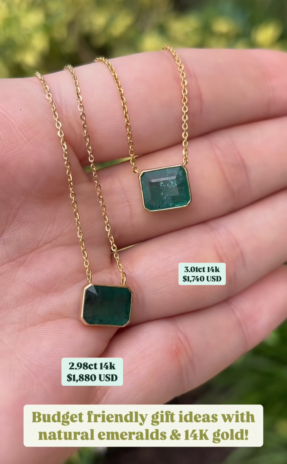 As seen on Instagram: 2.98Ct or 3.01ct Natural Emerald Necklace with Chain 14K