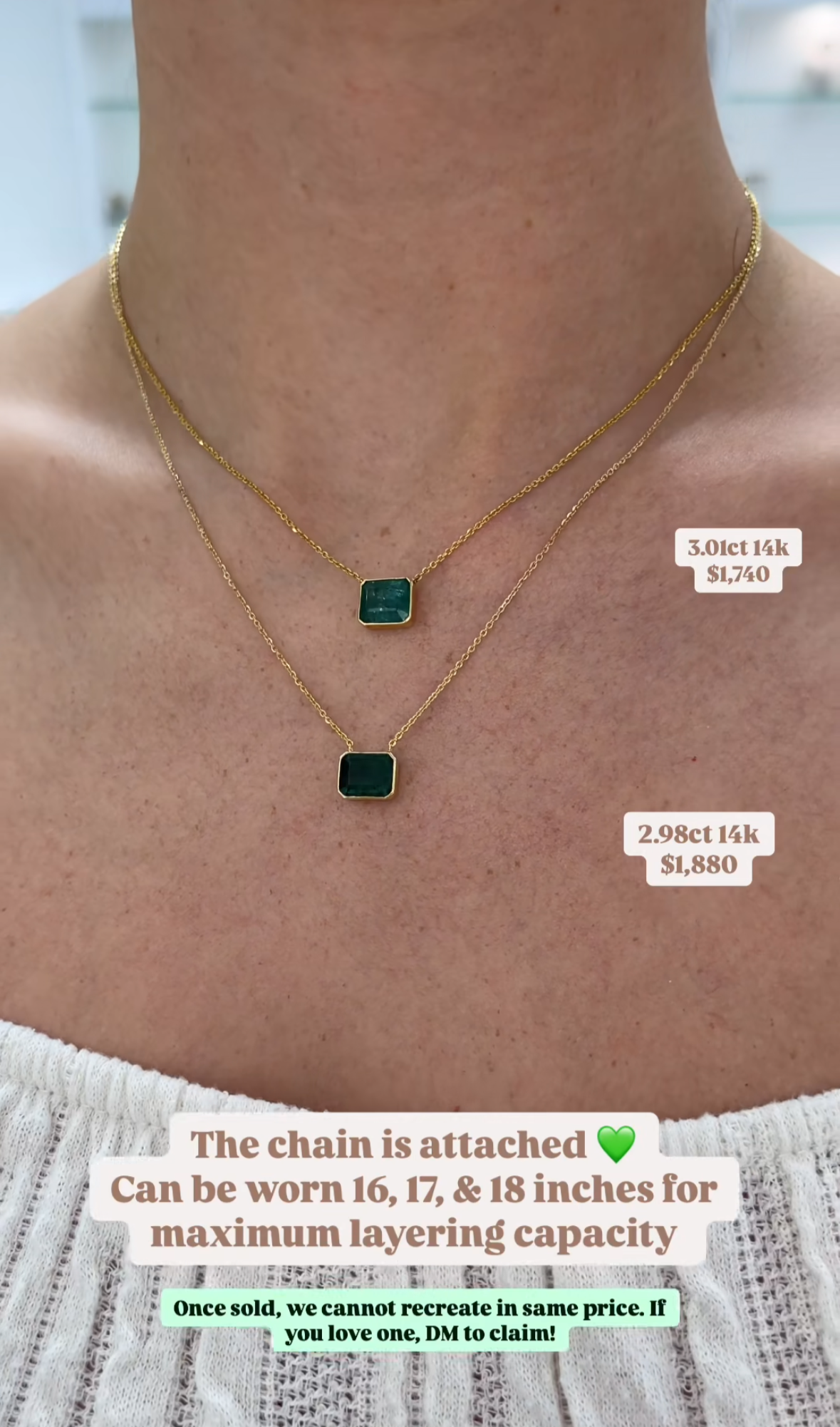 As seen on Instagram: 2.98Ct or 3.01ct Natural Emerald Necklace with Chain 14K