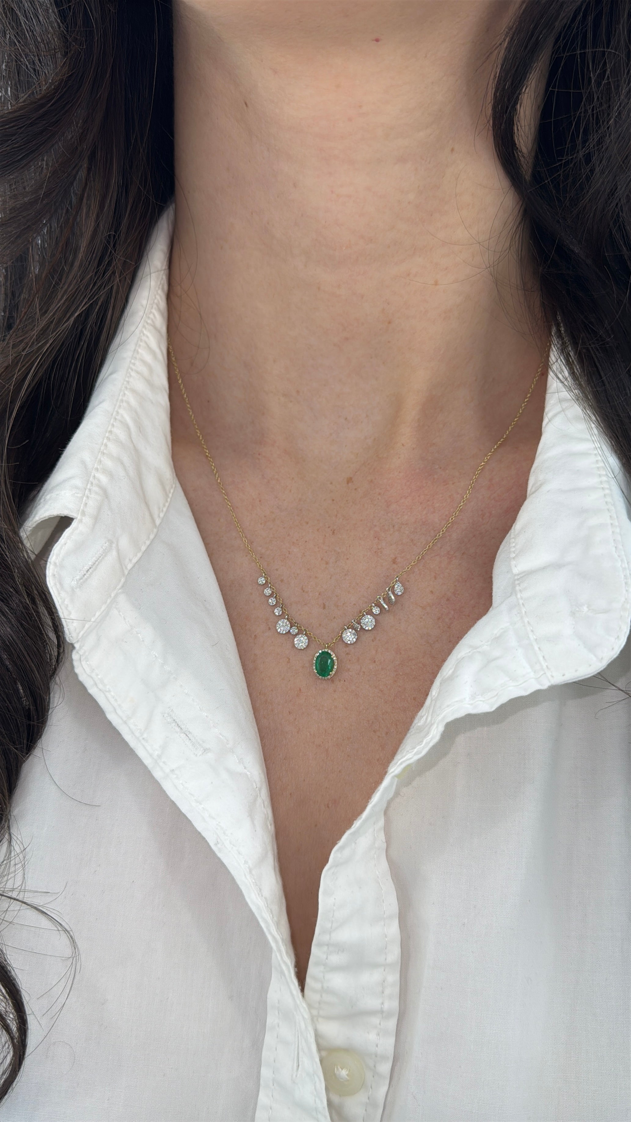 1.17tcw 14K Natural Oval Emerald & Diamond Fringe Necklace