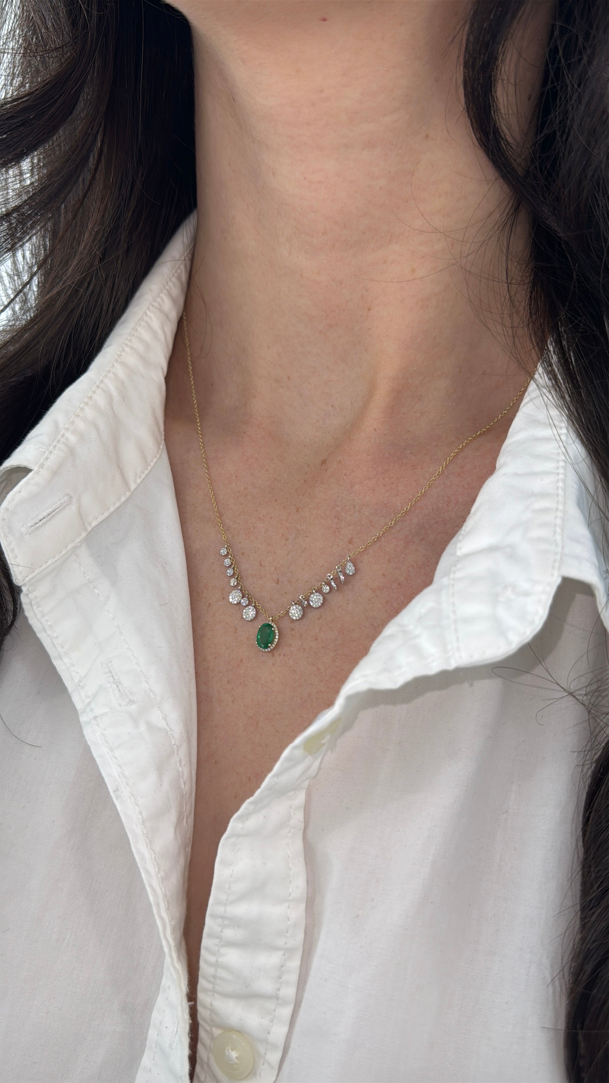 1.17tcw 14K Natural Oval Emerald & Diamond Fringe Necklace