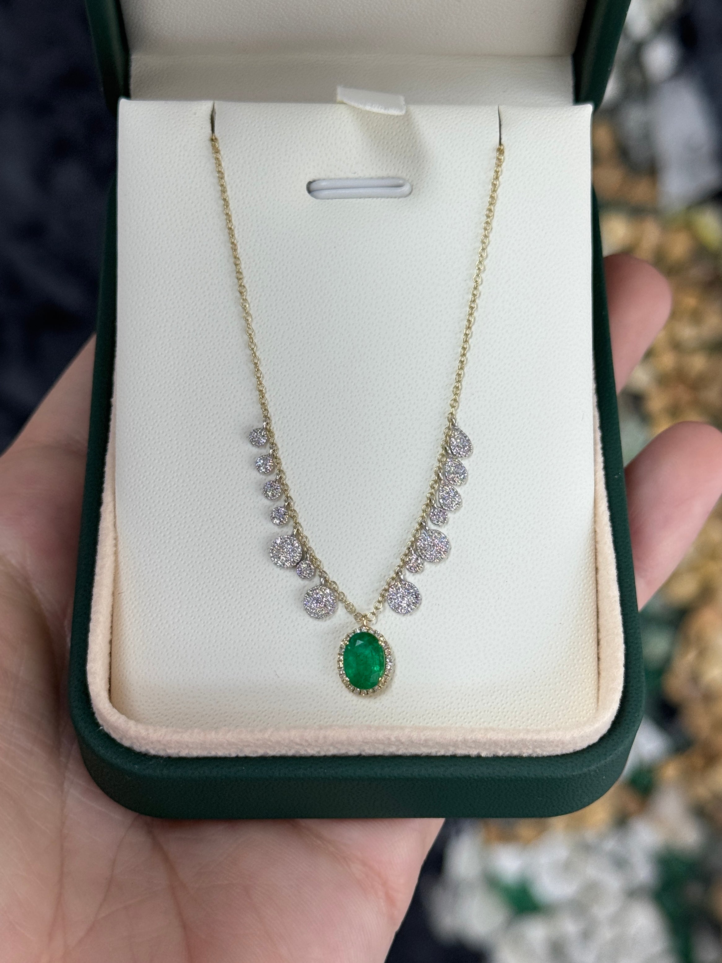 1.17tcw 14K Natural Oval Emerald & Diamond Fringe Necklace