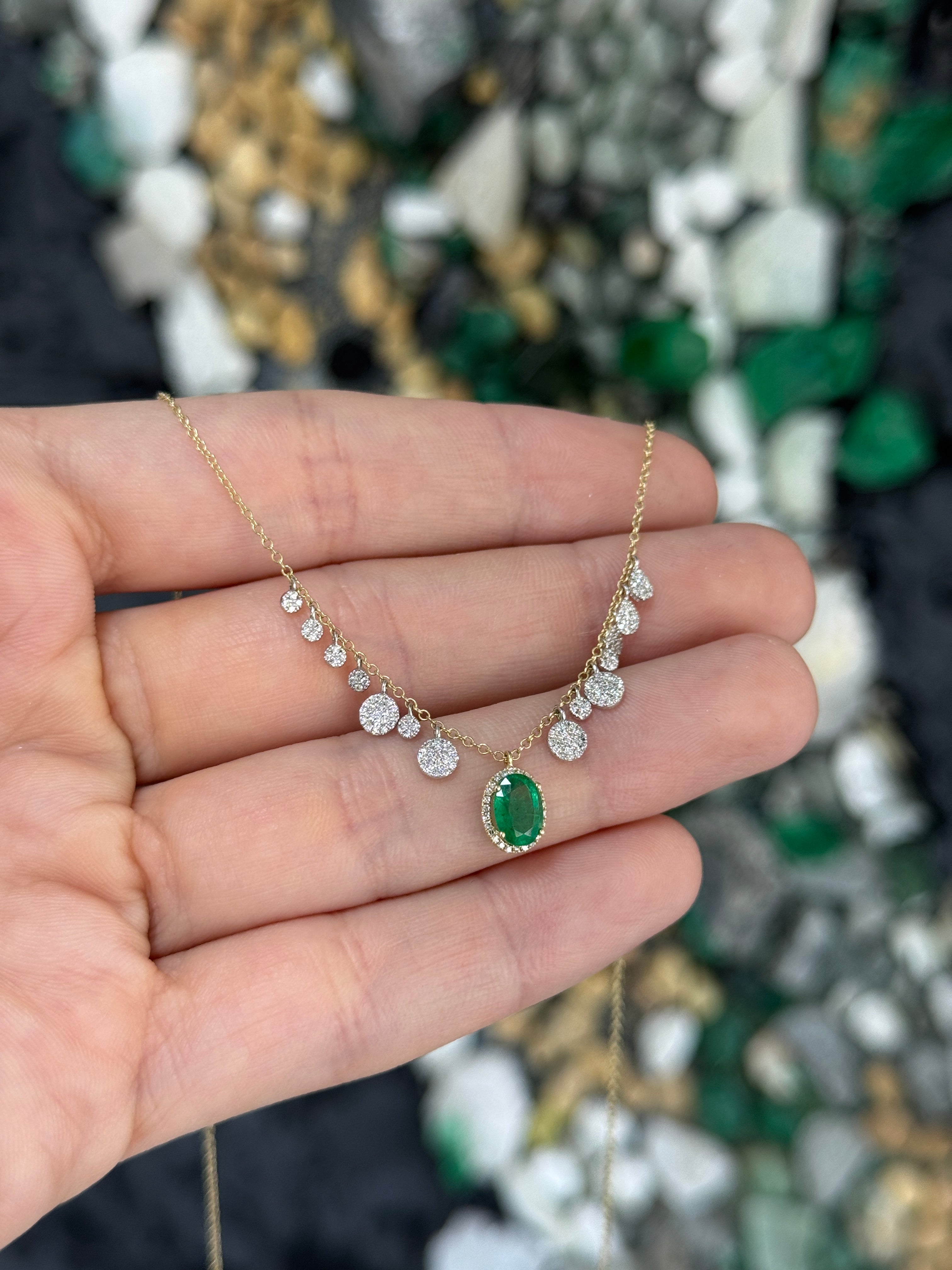 1.17tcw 14K Natural Oval Emerald & Diamond Fringe Necklace