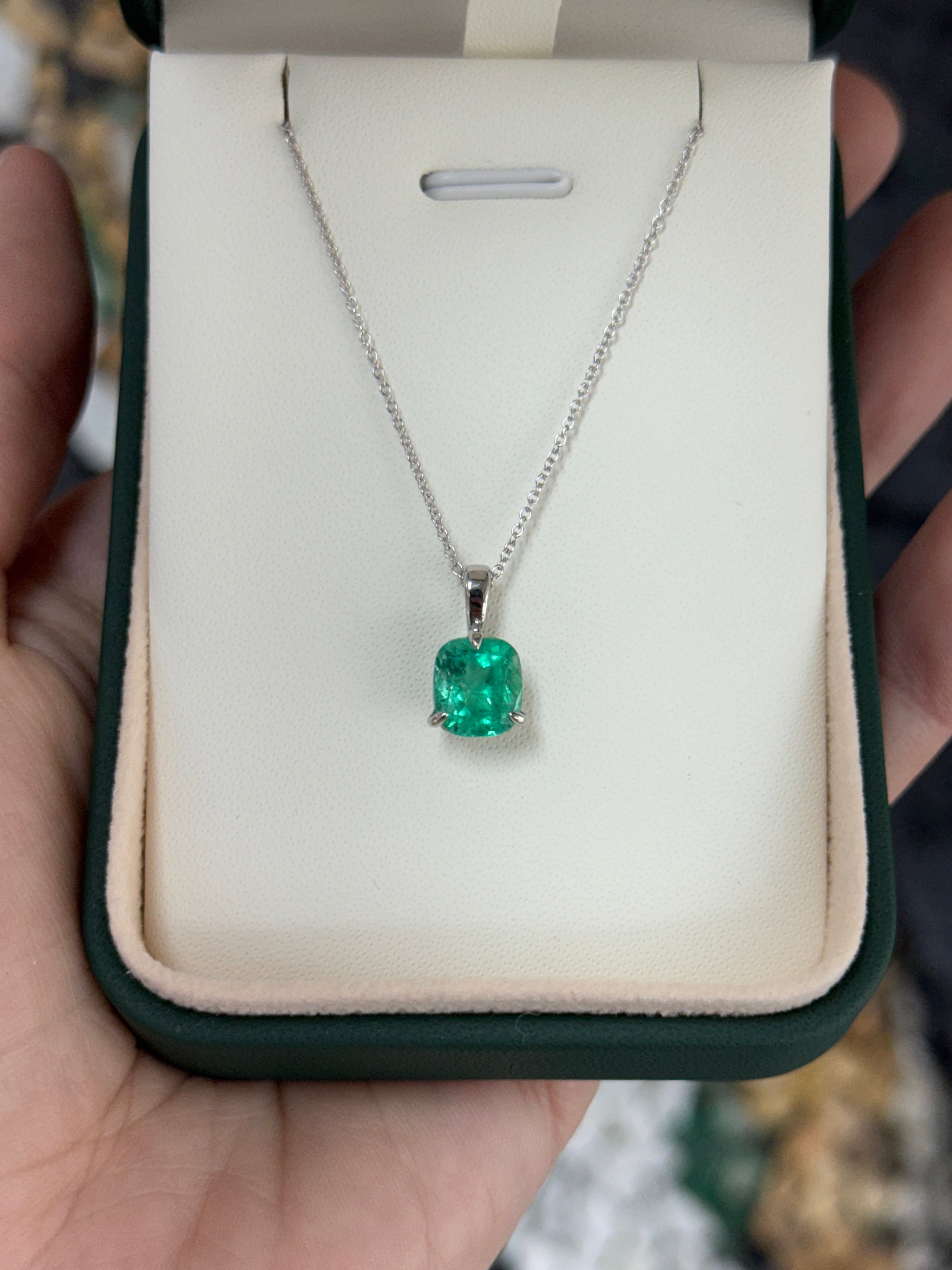 2.51 Carat Platinum Cushion Colombian Emerald Solitaire Necklace