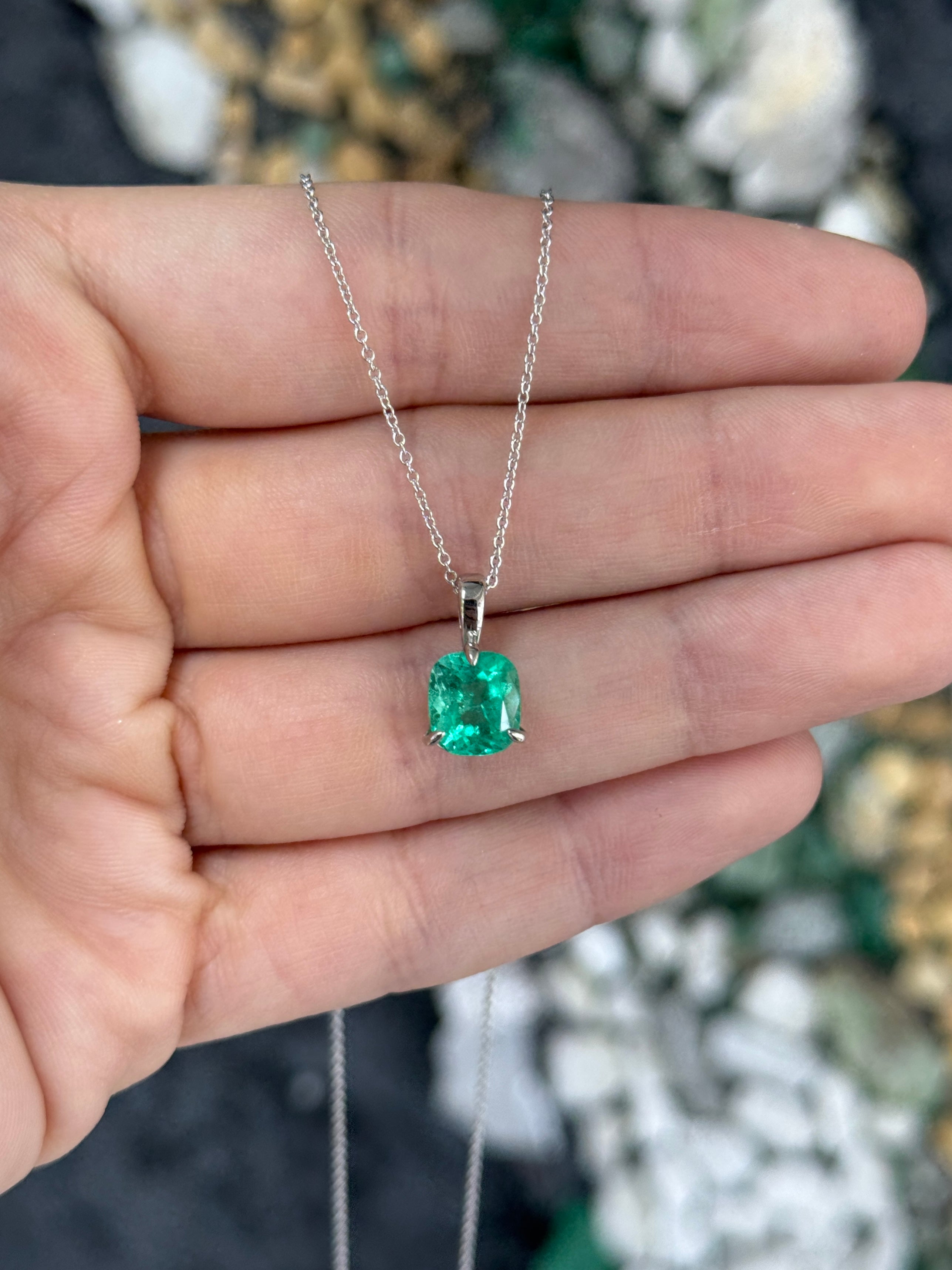 2.51 Carat Platinum Cushion Colombian Emerald Solitaire Necklace
