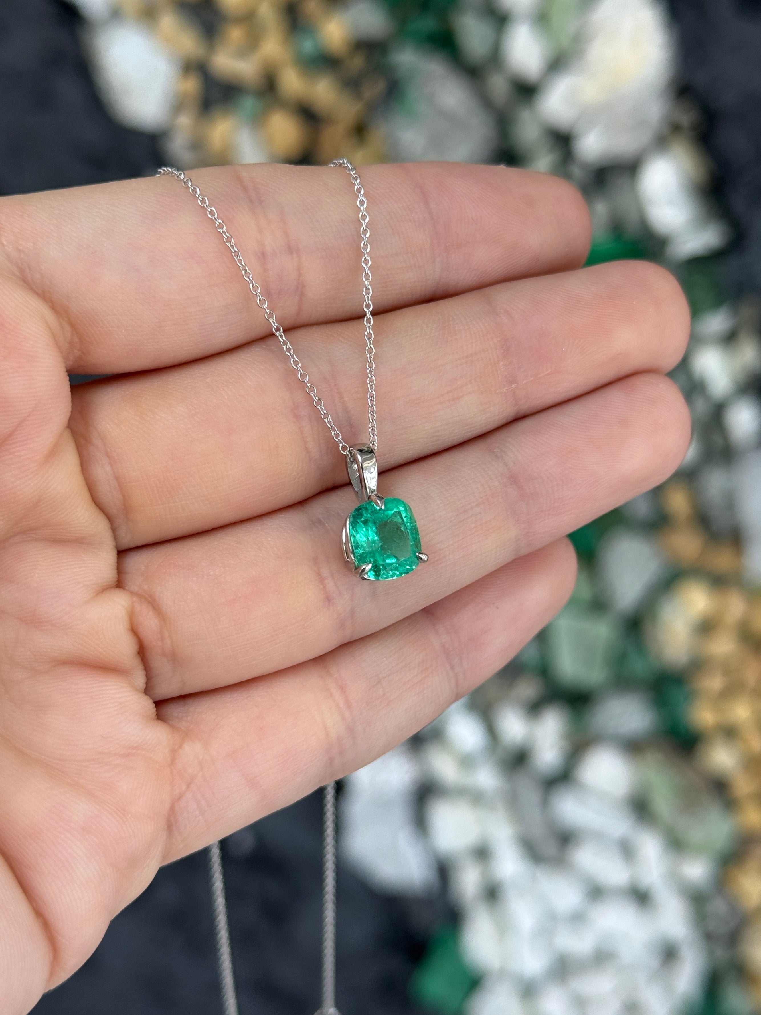2.51 Carat Platinum Cushion Colombian Emerald Solitaire Necklace