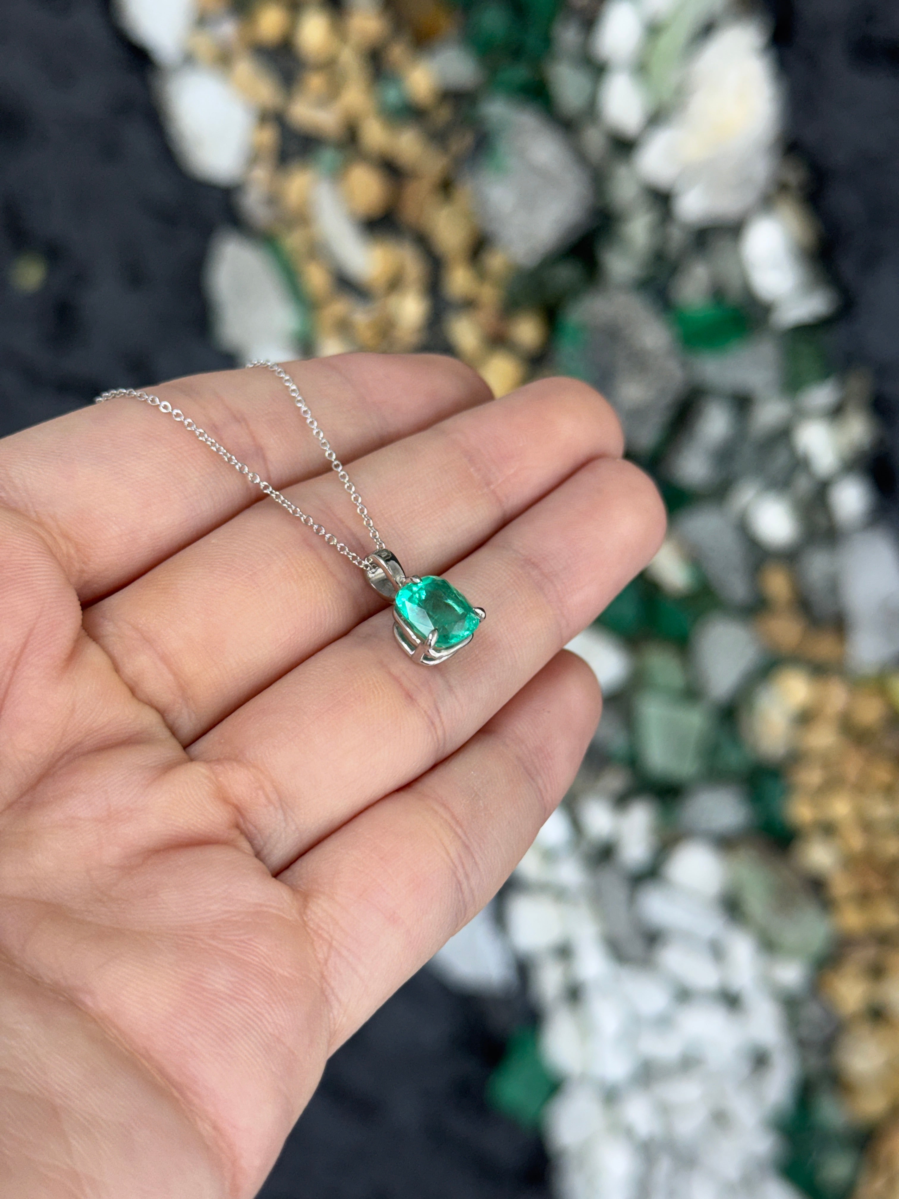 2.51 Carat Platinum Cushion Colombian Emerald Solitaire Necklace