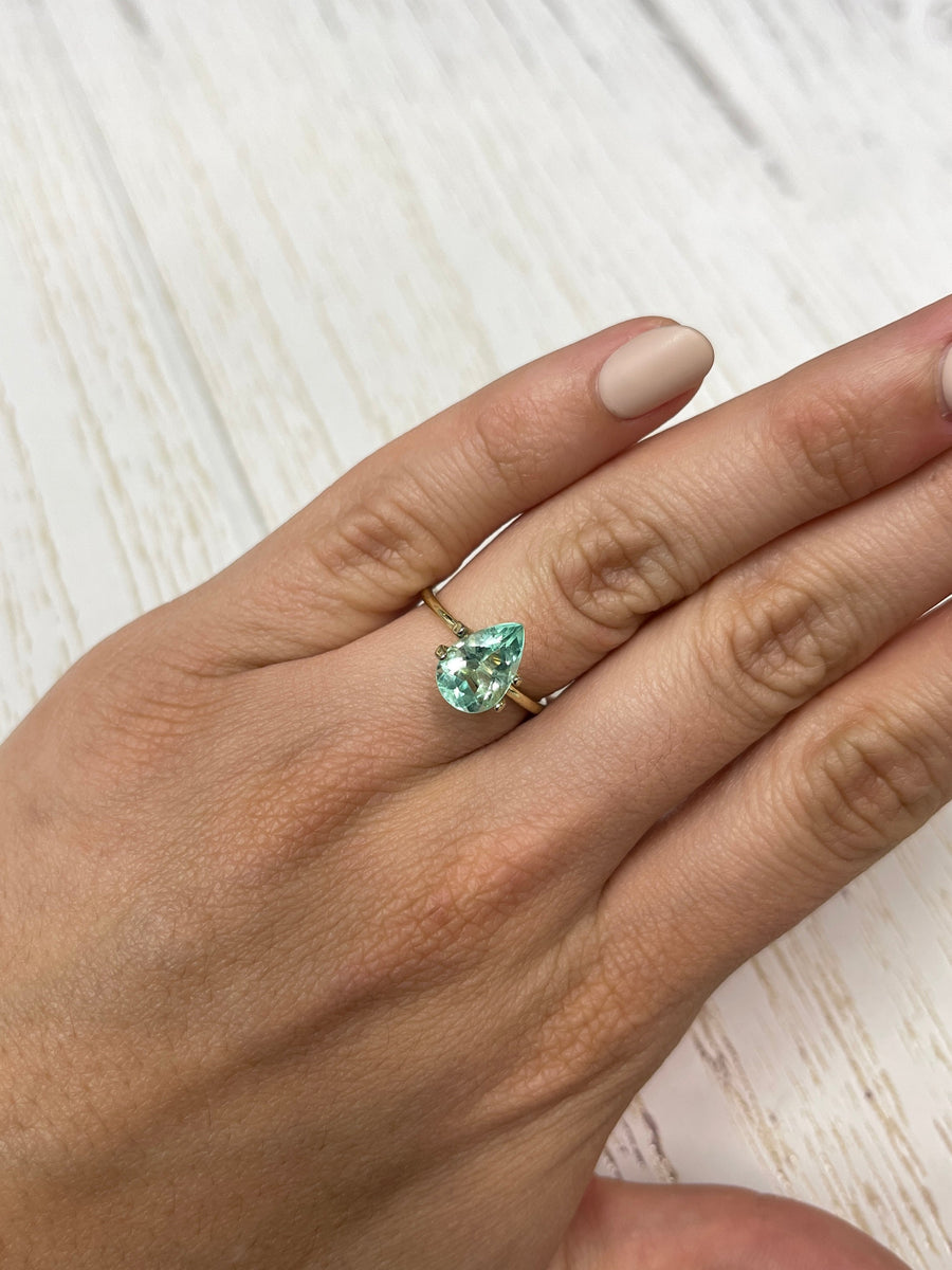 Emerald Beauty: Damaris 14K Bezel Ring with 2.41 Carat Seafoam Green Pear-Cut Stone