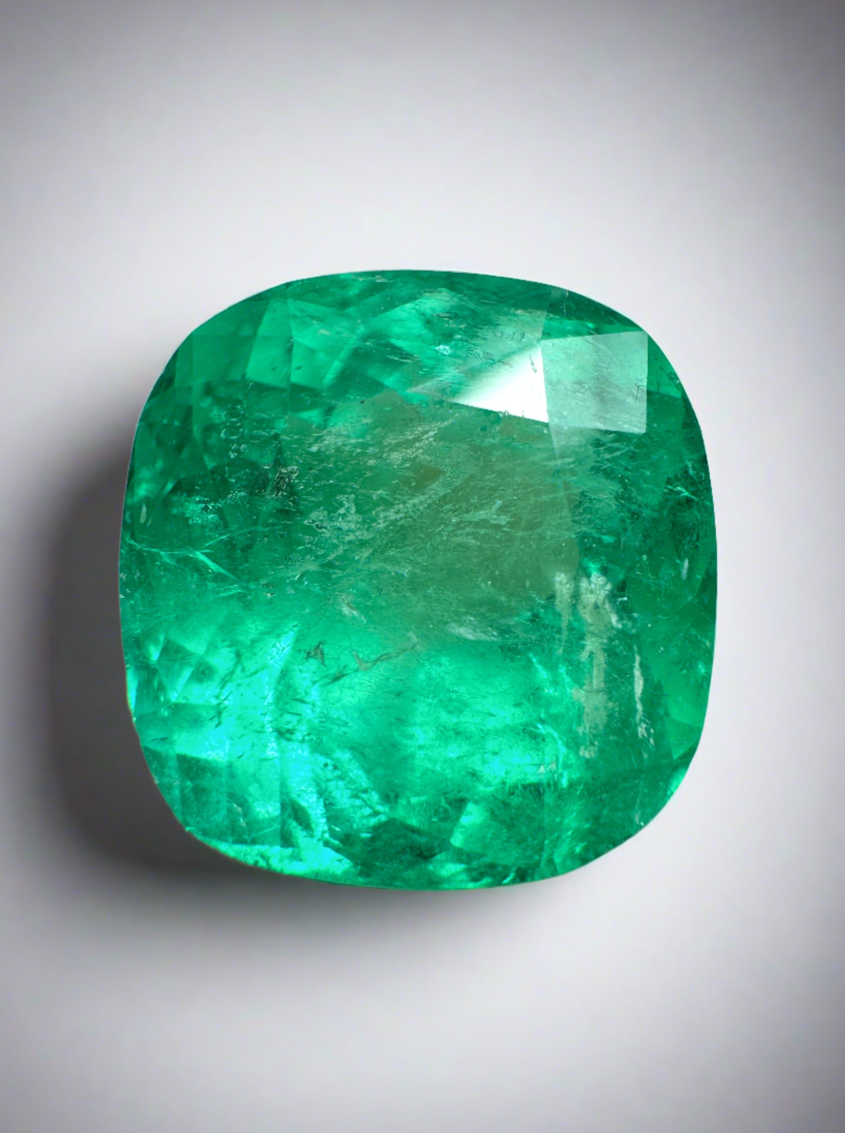 11.34 Carat 13.5x13 Vibrant Bluish Green Natural Loose Colombian Emerald-Rounded Cushion Cut - JR Colombian Emeralds