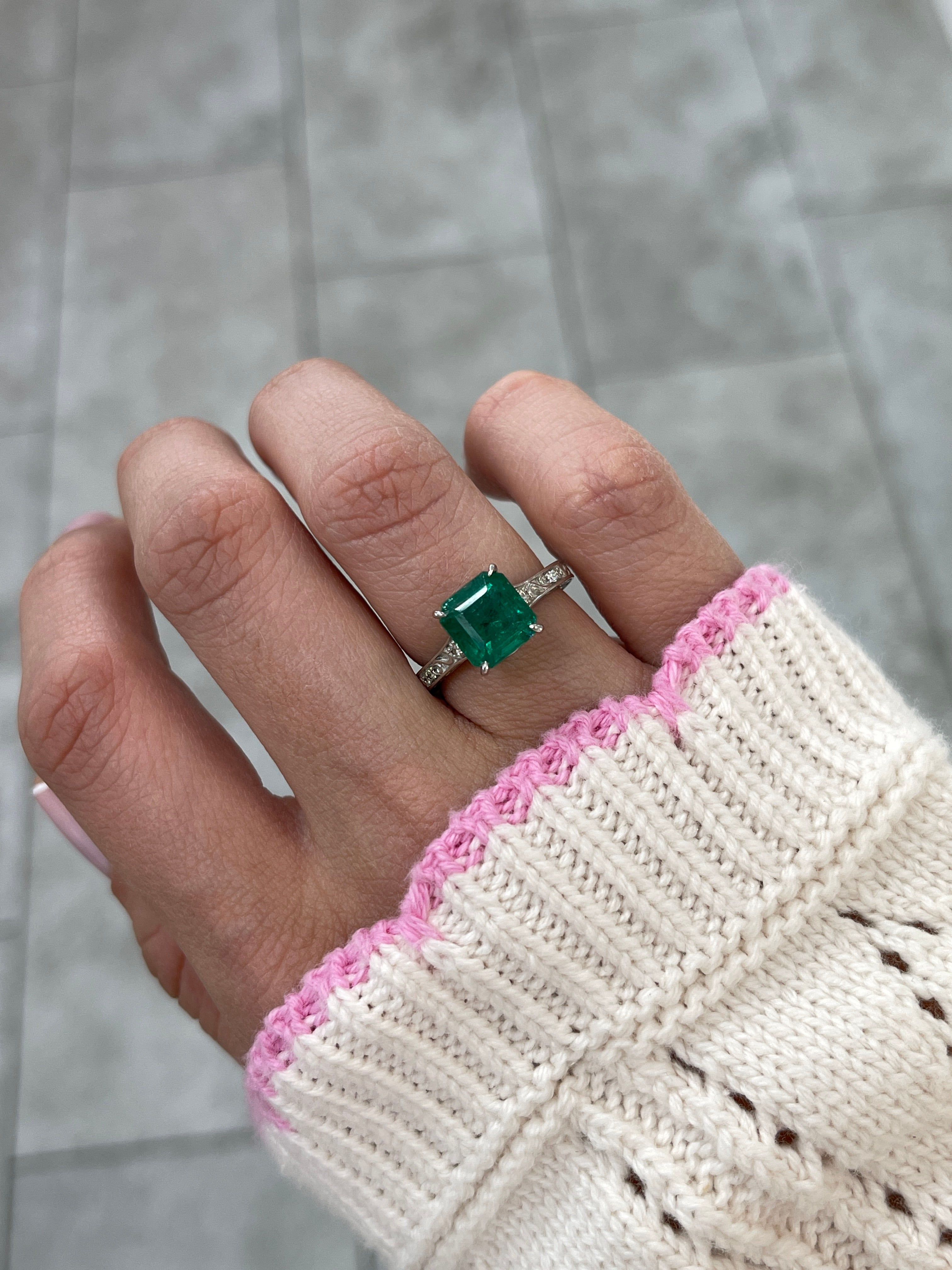 3.57tcw Asscher Cut Emerald & Diamond Engagement Scroll Floral Ring Platinum