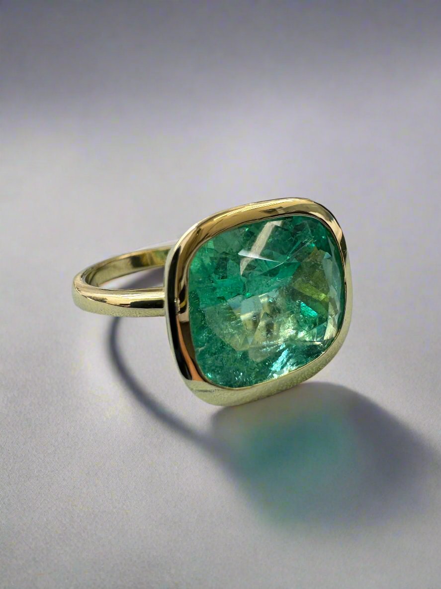 Final Payment- Personalized Beautiful Bezel Ring Design 14K Gold- 5.56 Carat 13x11 Minty Bluish Green Natural  Colombian Emerald- Cushion