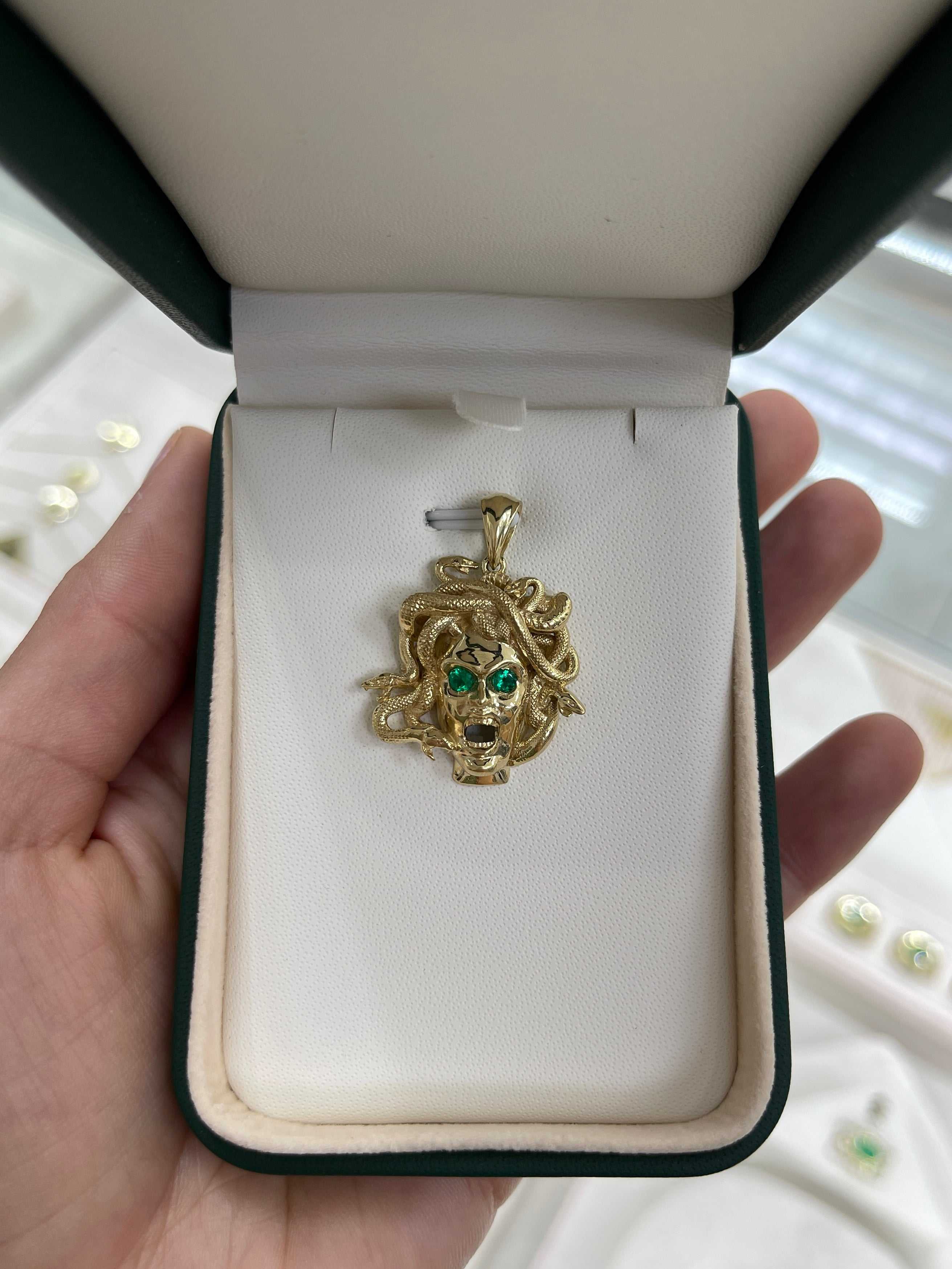 Solid Gold Emerald Medusa Sneak Head Pendant 14K