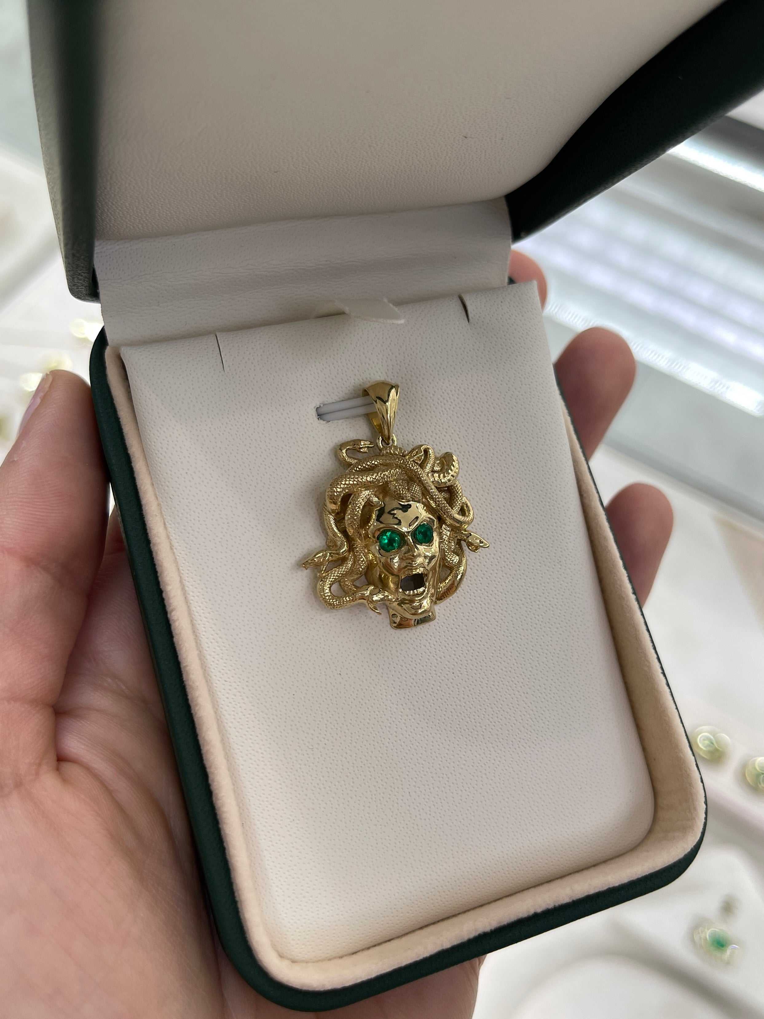 Solid Gold Emerald Medusa Sneak Head Pendant 14K