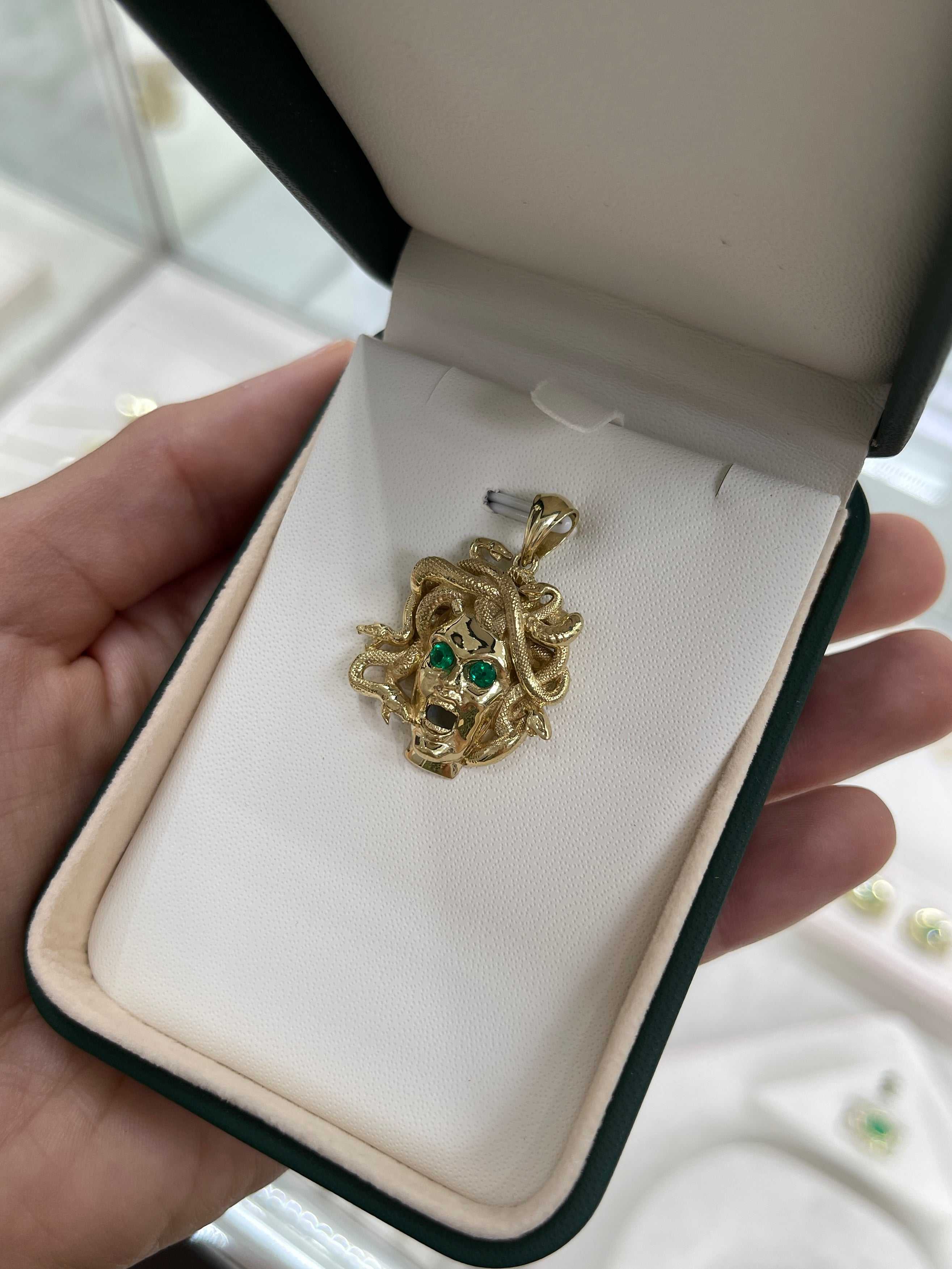 Solid Gold Emerald Medusa Sneak Head Pendant 14K