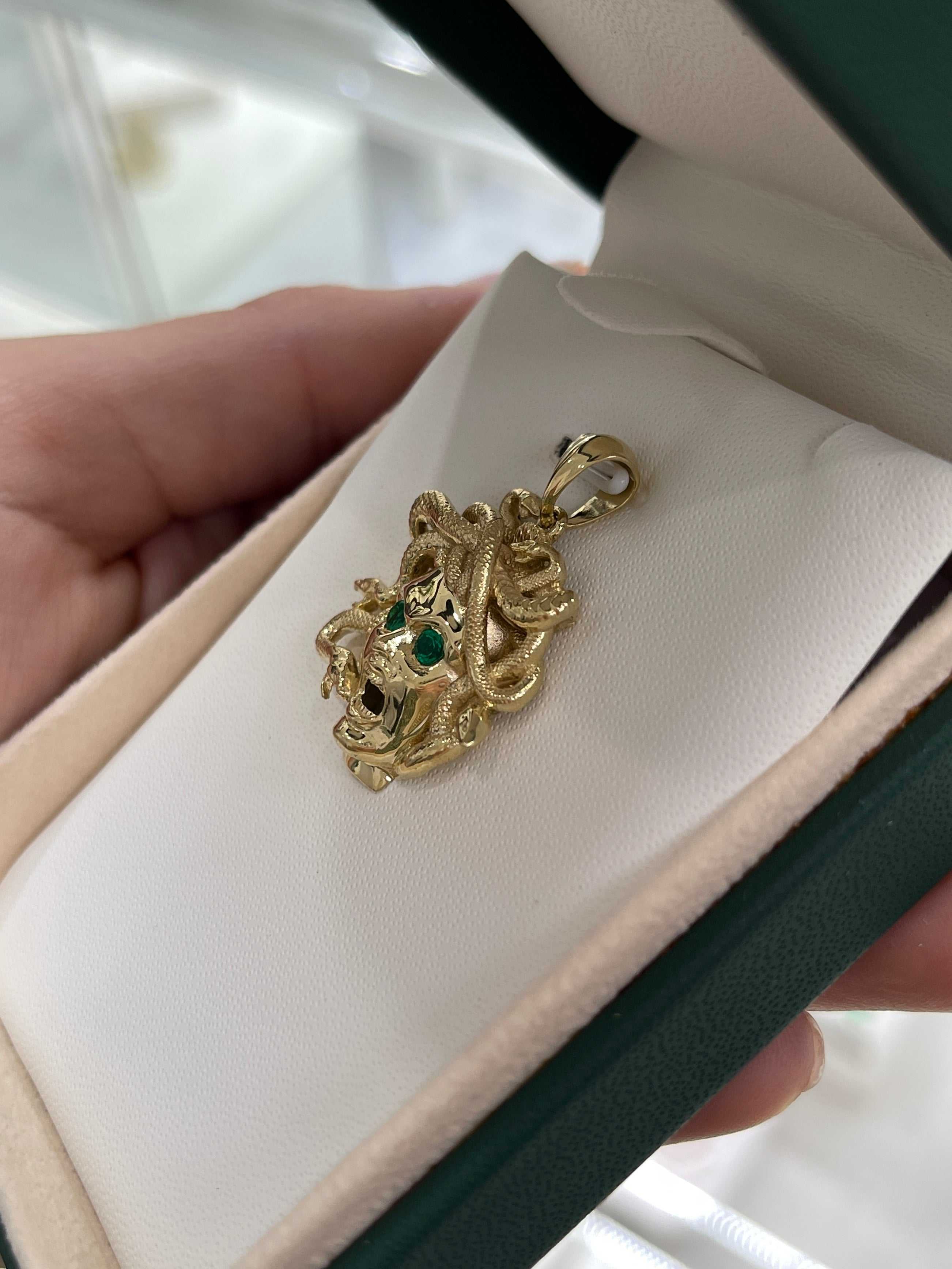 Solid Gold Emerald Medusa Sneak Head Pendant 14K
