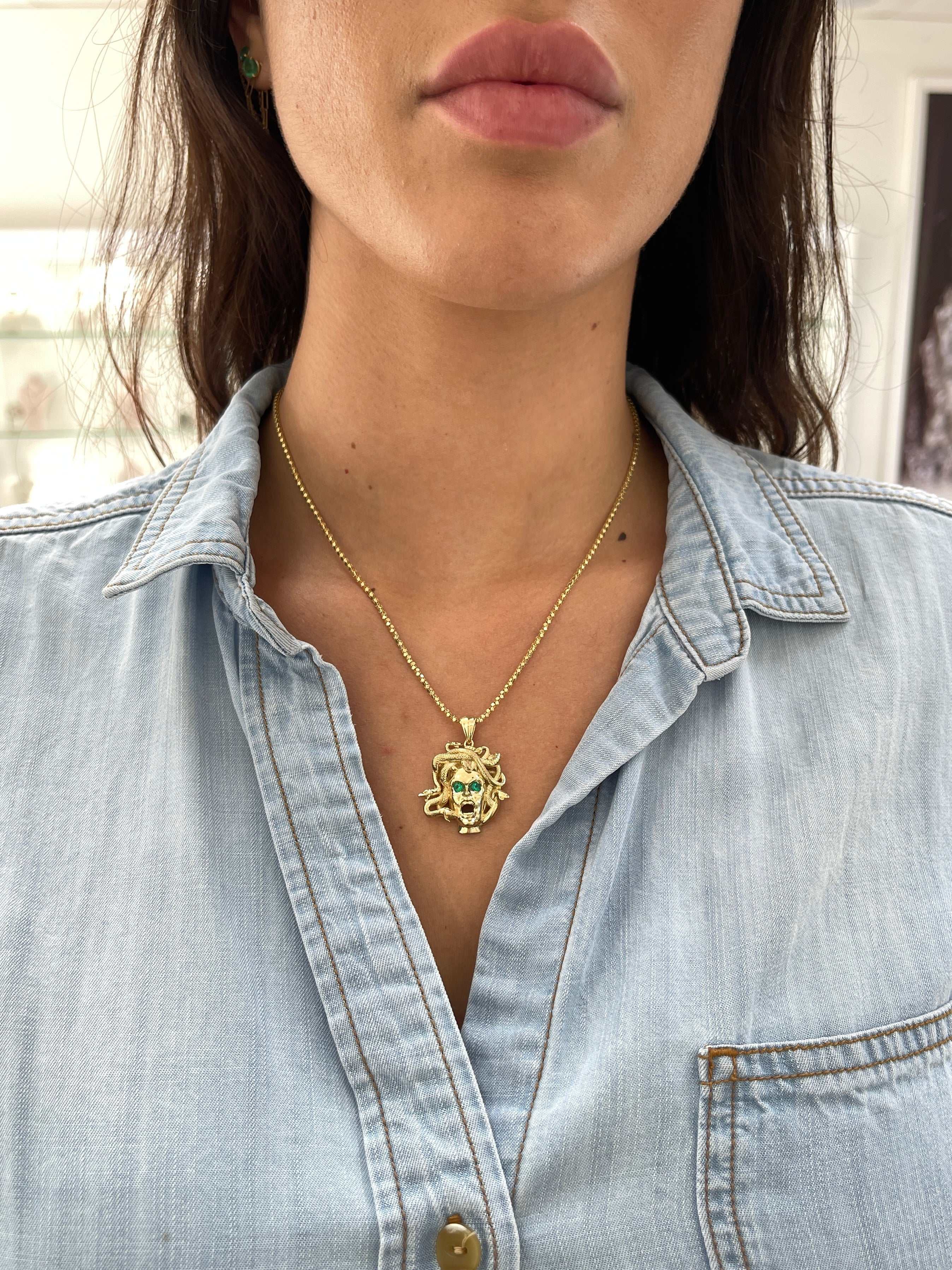 Solid Gold Emerald Medusa Sneak Head Pendant 14K