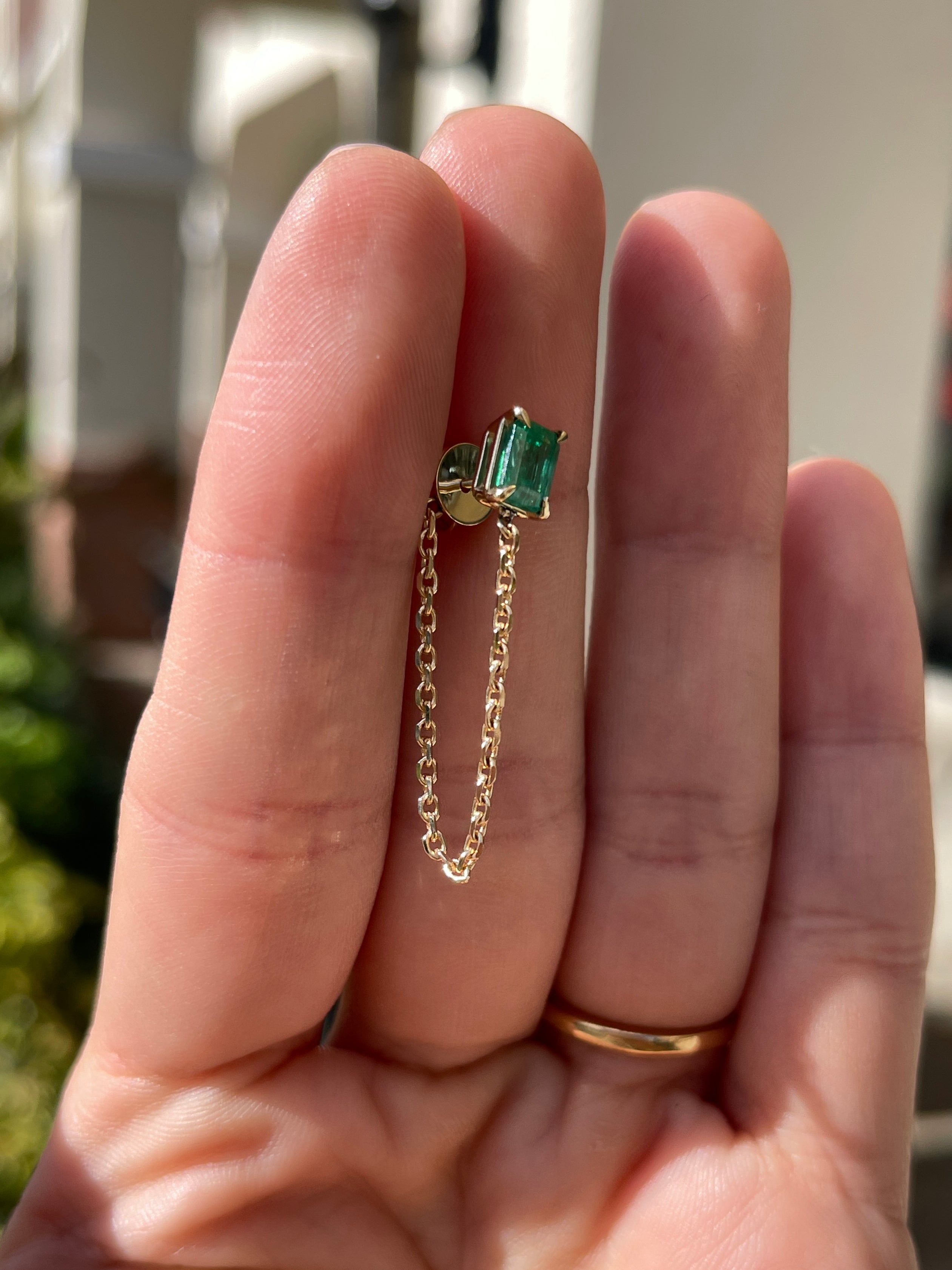 14K Single Emerald Chain Stud Earring- Emerald Cut