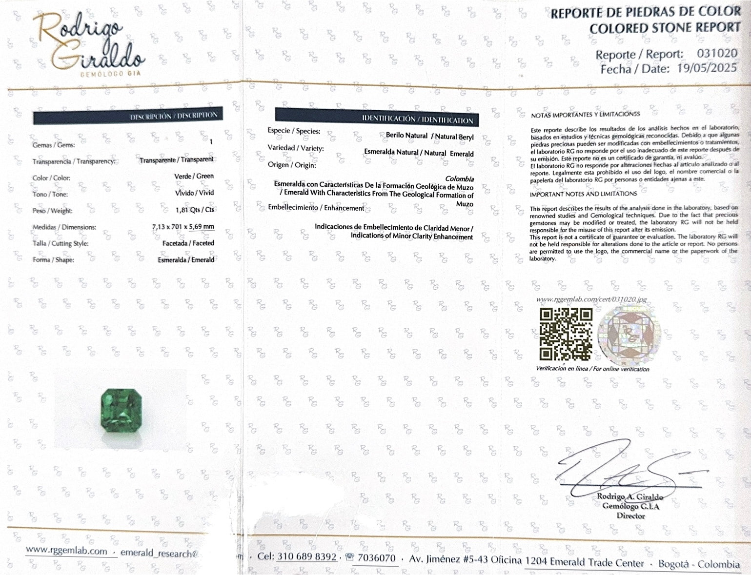 1.81 Carat 7x7 AAA+ Minor Oil Vivid Natural Loose Colombian Emerald-Asscher Cut - JR Colombian Emeralds