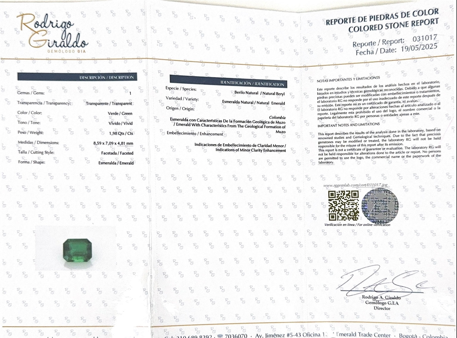 1.98 Carat AAA+ 9x7 Minor Oil Vivid Green Natural Loose Colombian Emerald- Emerald Cut - JR Colombian Emeralds