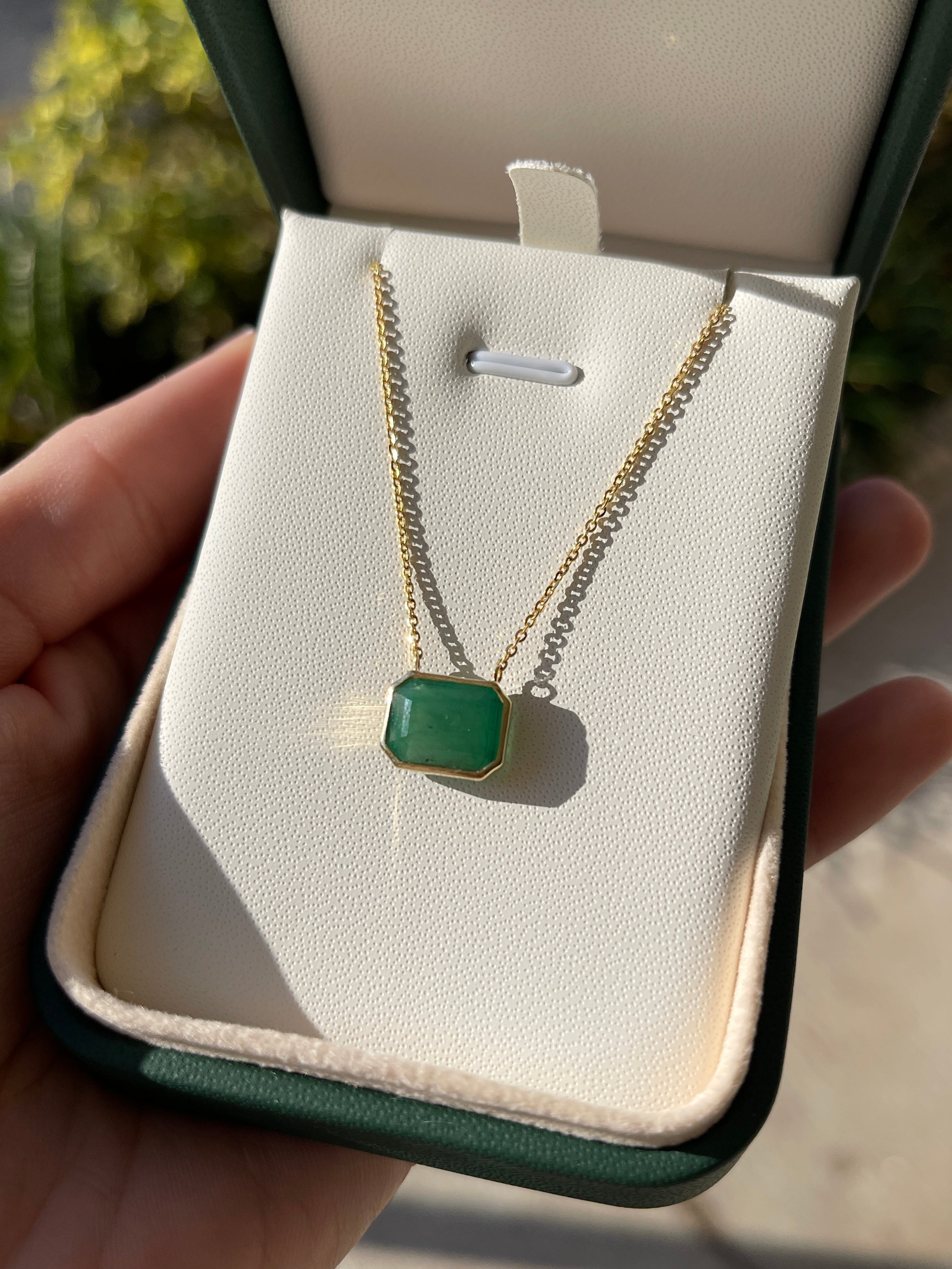 4.58ct Earthy Natural Emerald Bezel Set Solitaire Necklace 14K