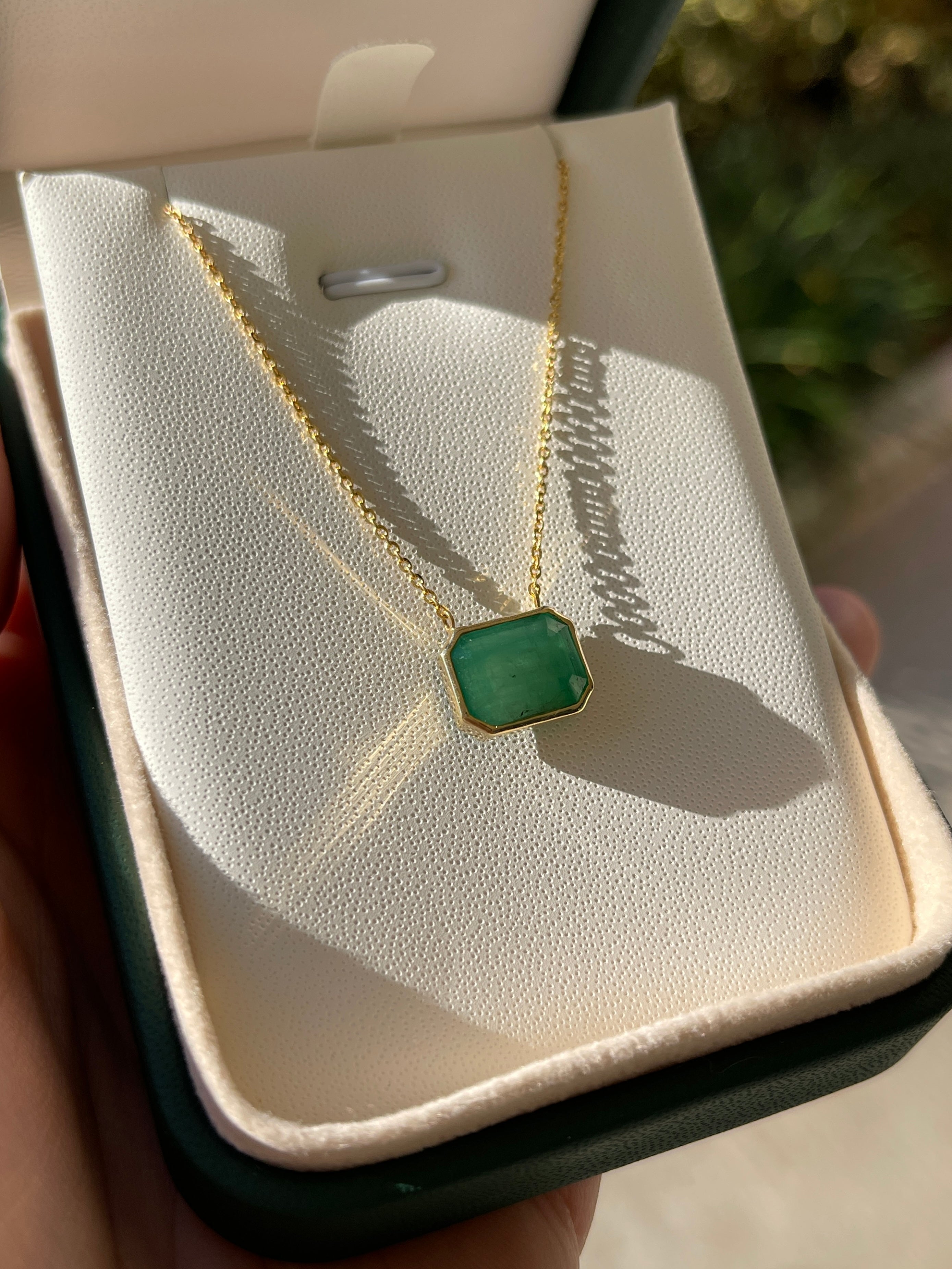 4.58ct Earthy Natural Emerald Bezel Set Solitaire Necklace 14K