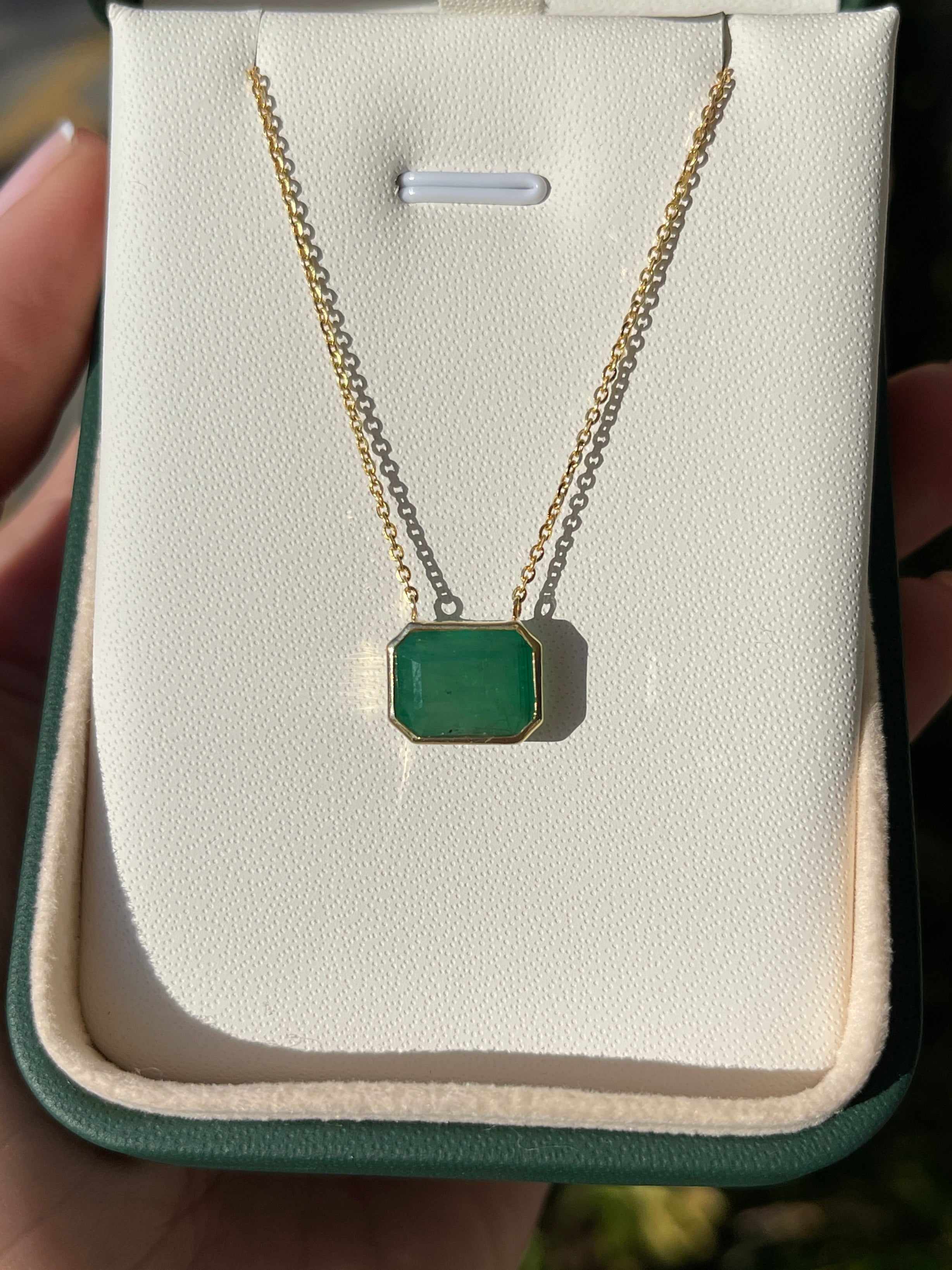 4.58ct Earthy Natural Emerald Bezel Set Solitaire Necklace 14K