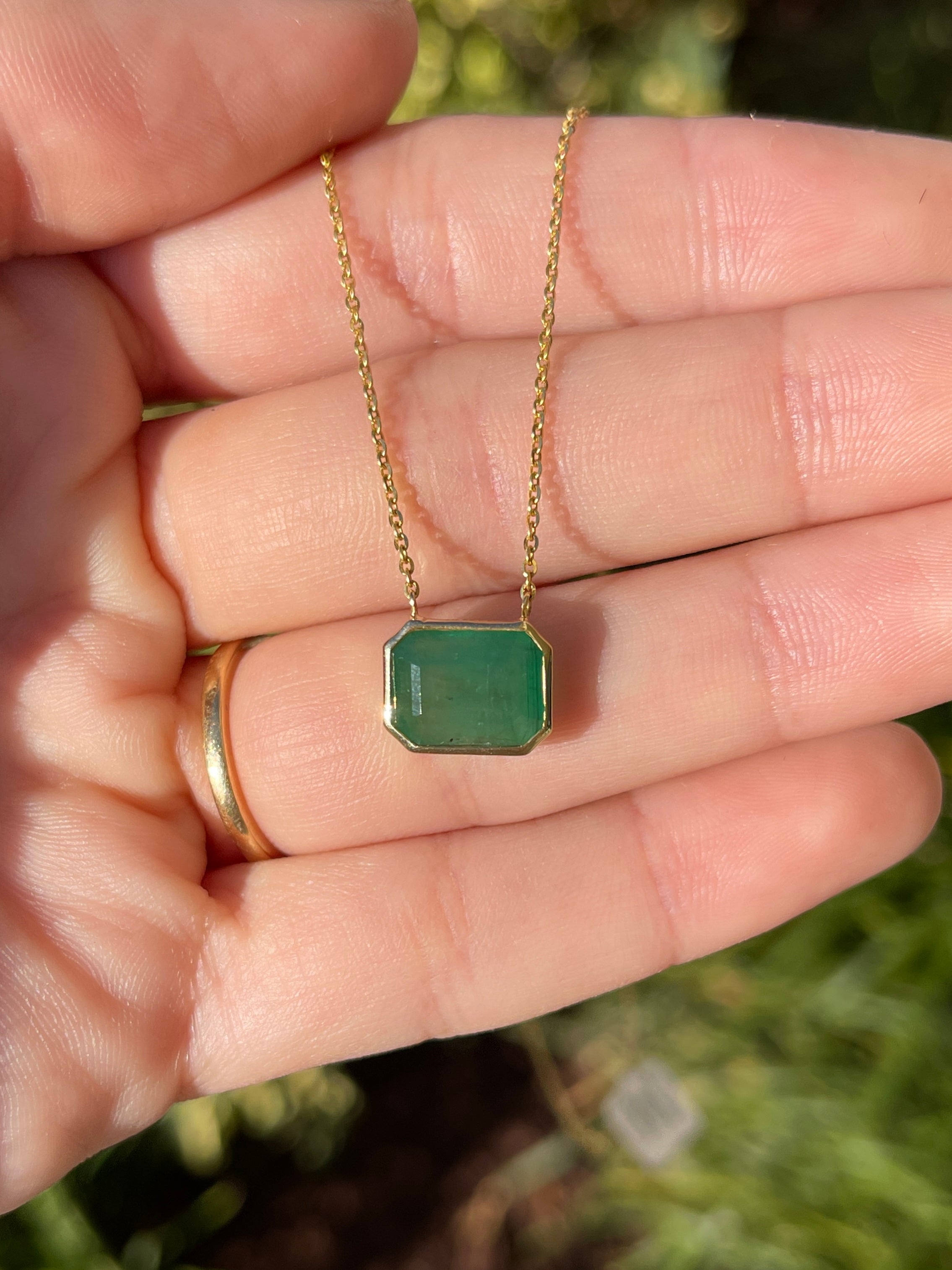 4.58ct Earthy Natural Emerald Bezel Set Solitaire Necklace 14K