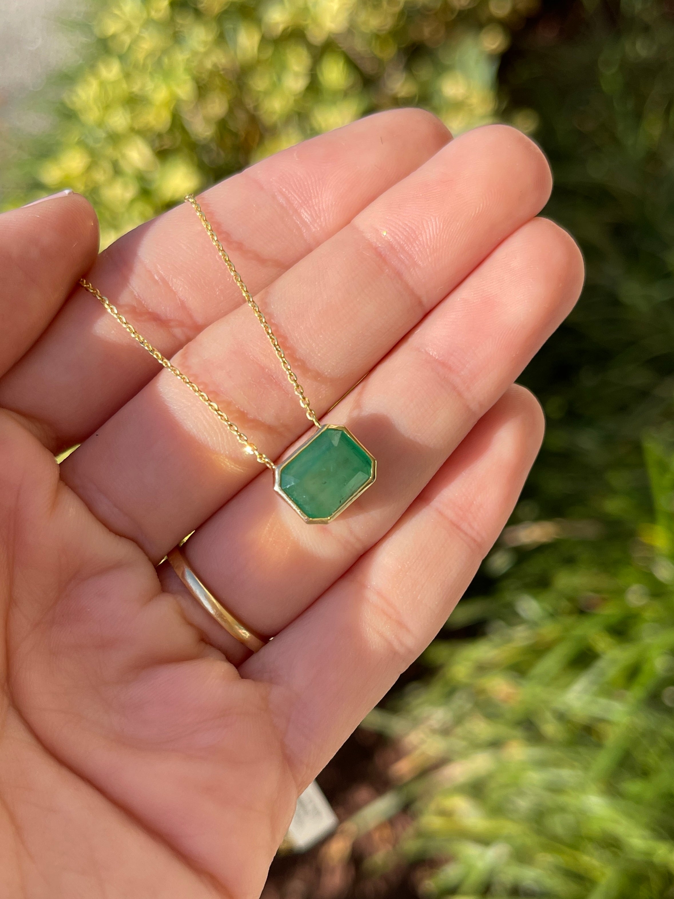 4.58ct Earthy Natural Emerald Bezel Set Solitaire Necklace 14K