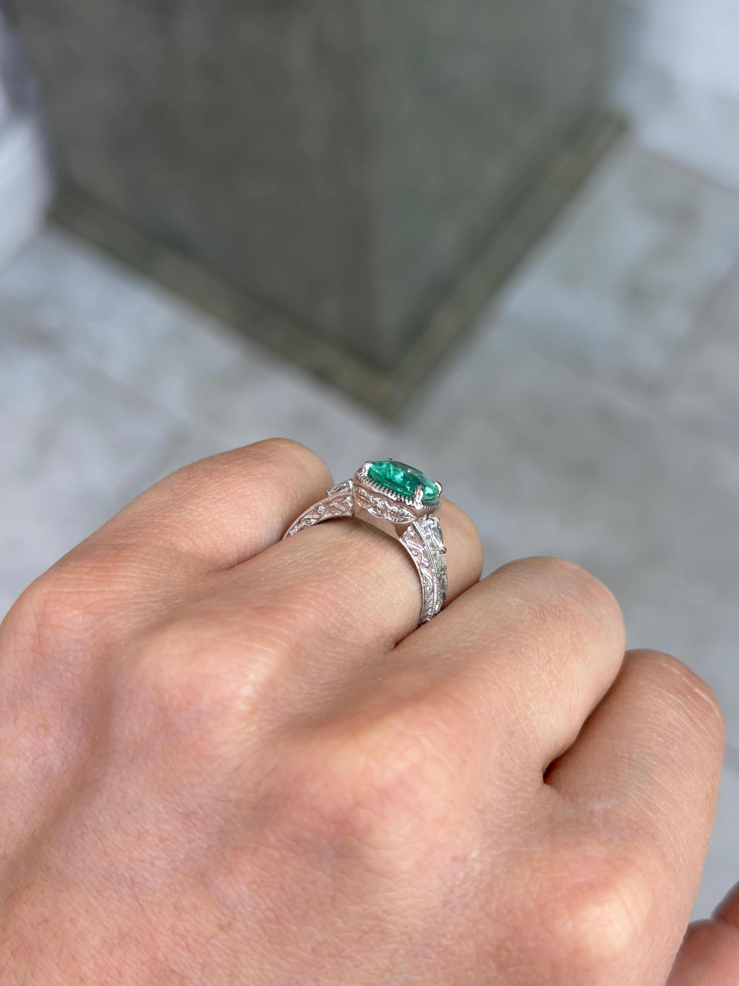 D.C Platinum 3.34 Carat 9.5x9 Cushion Emerald & Diamond Ring