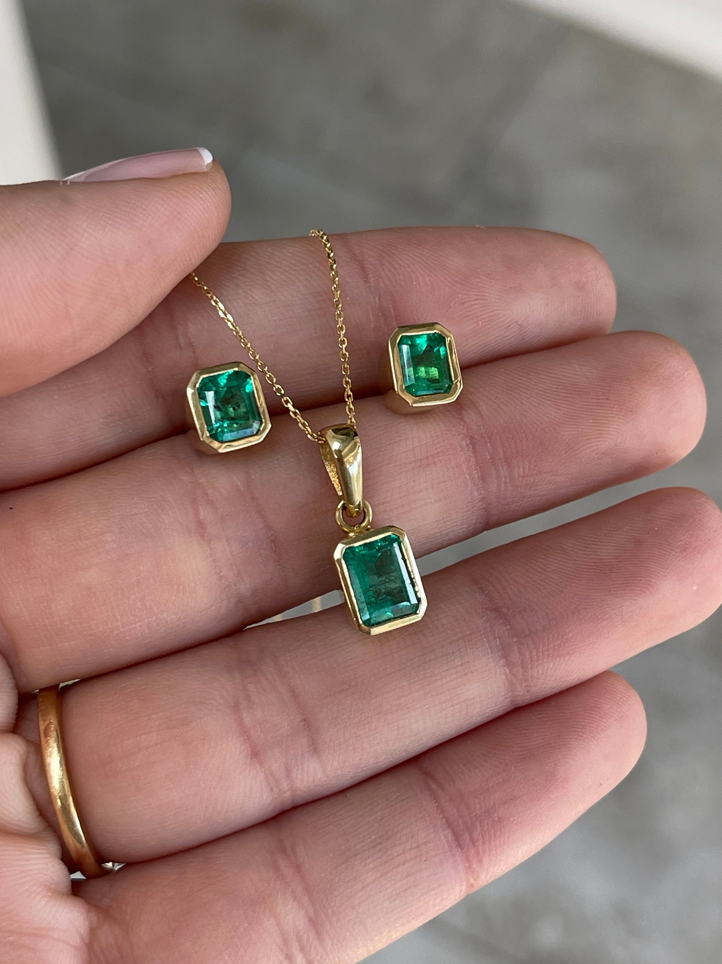 4.41tcw Colombian Emerald Bezel Studs & Necklace Jewelry Set 18K