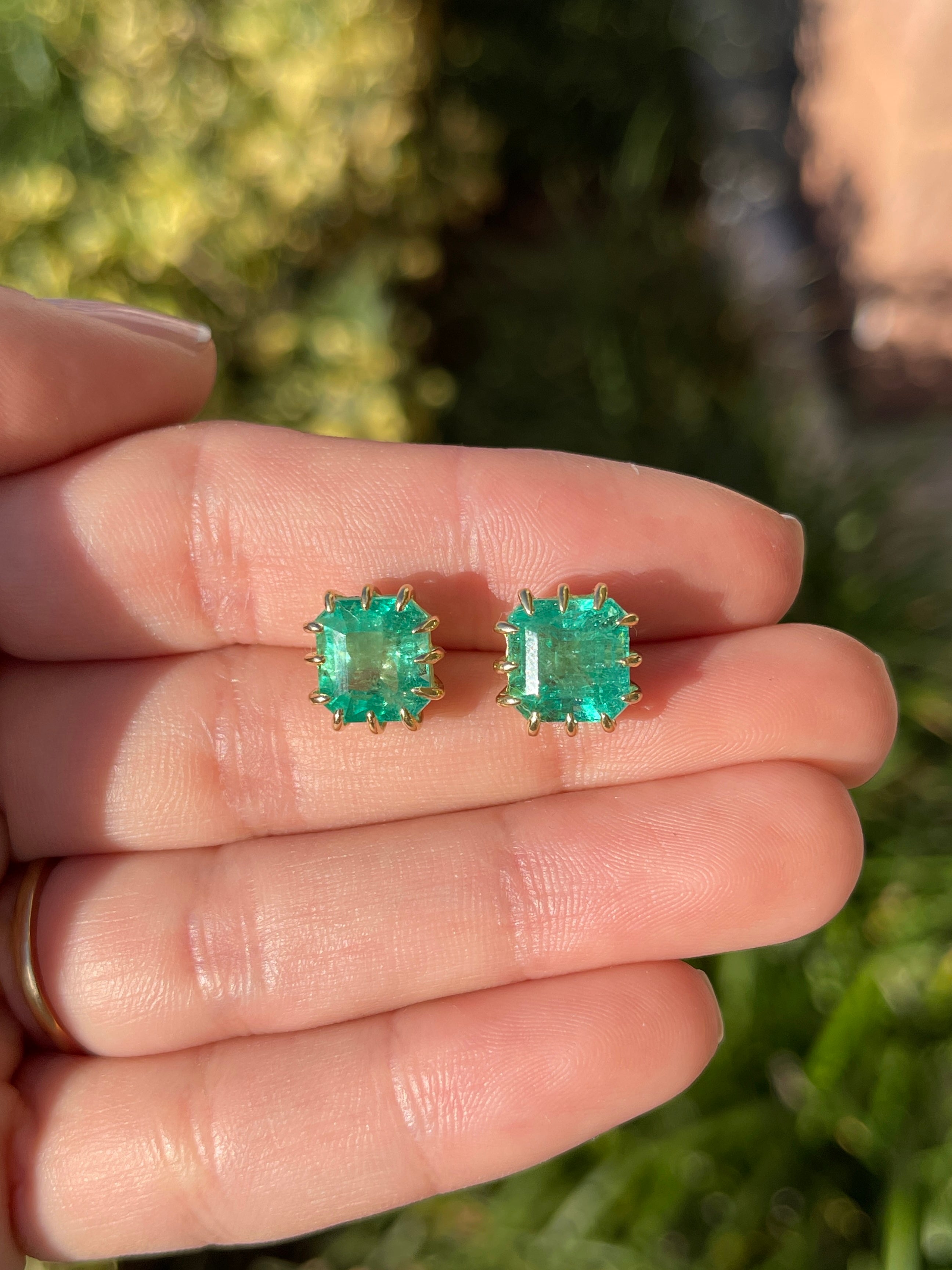 8.56tcw Colombian Emerald Multi Prong 18K Statement Studs