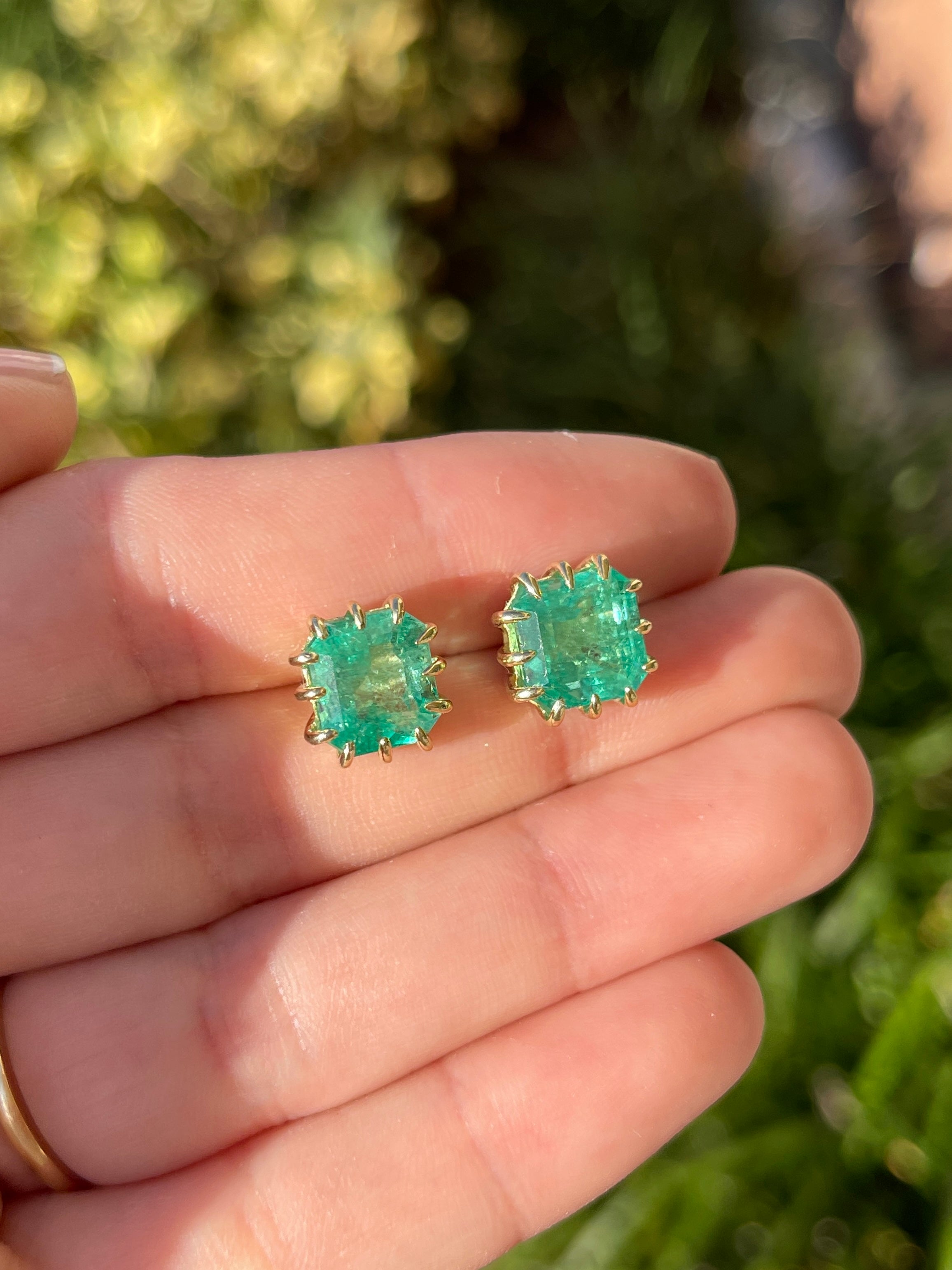 8.56tcw Colombian Emerald Multi Prong 18K Statement Studs