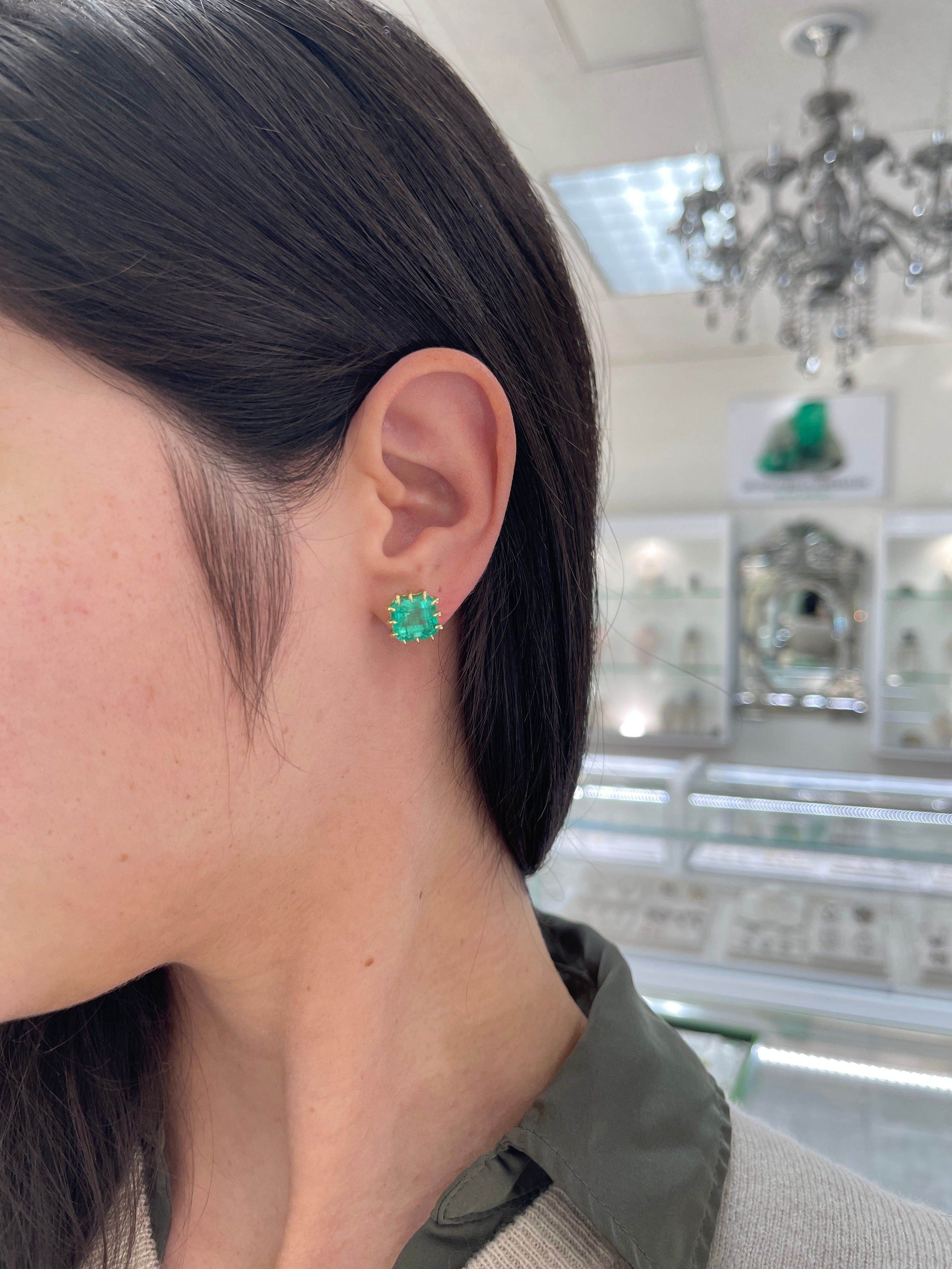 8.56tcw Colombian Emerald Multi Prong 18K Statement Studs