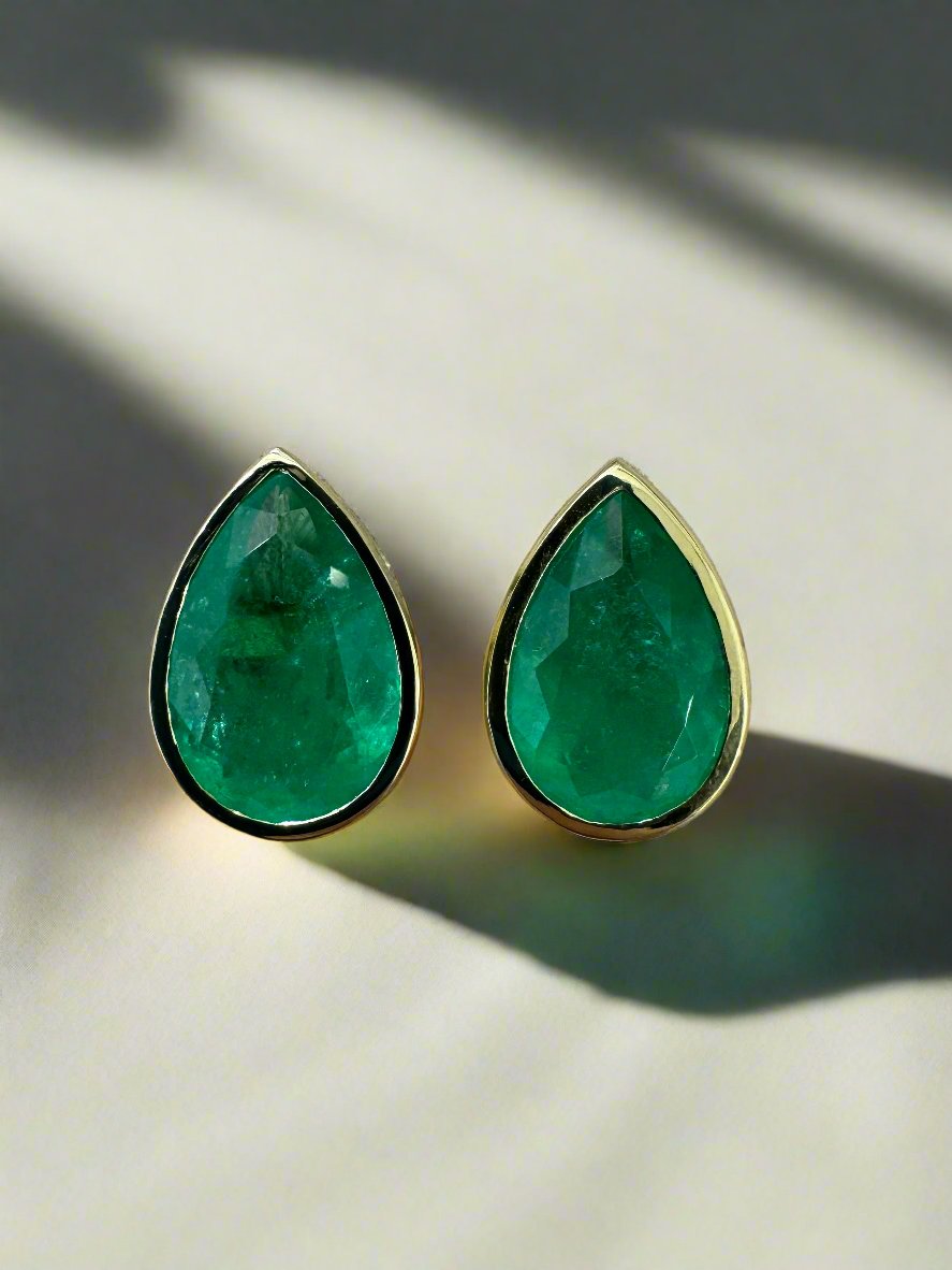 13.15tcw LARGE Teardrop Emerald Bezel Earrings 18K